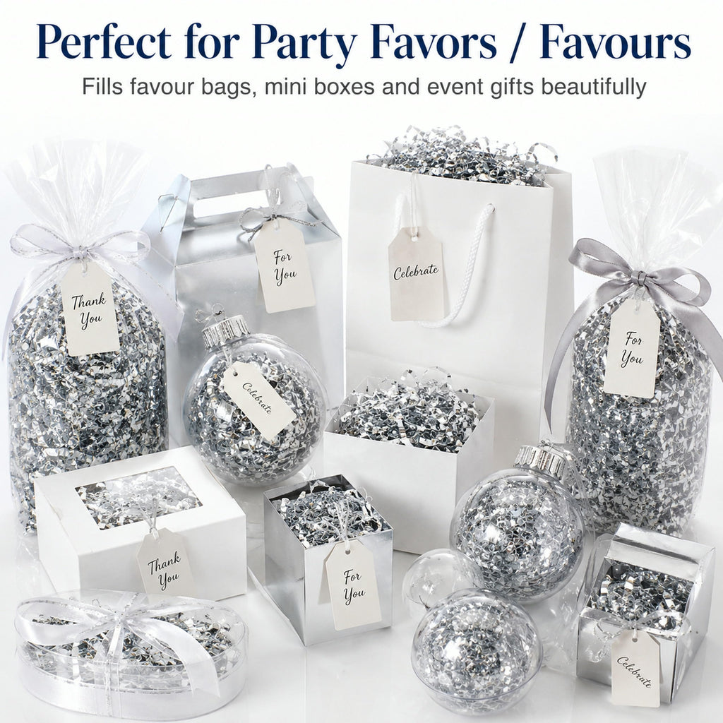 1LB (455g) Double Sided Silver Shredded Tissue Paper for Packing Gift Boxes - Premium Crinkle Cut Baskets Filler Shredded Paper, Recyclable Hamper Fillers for Packaging, Crafting & Gifting