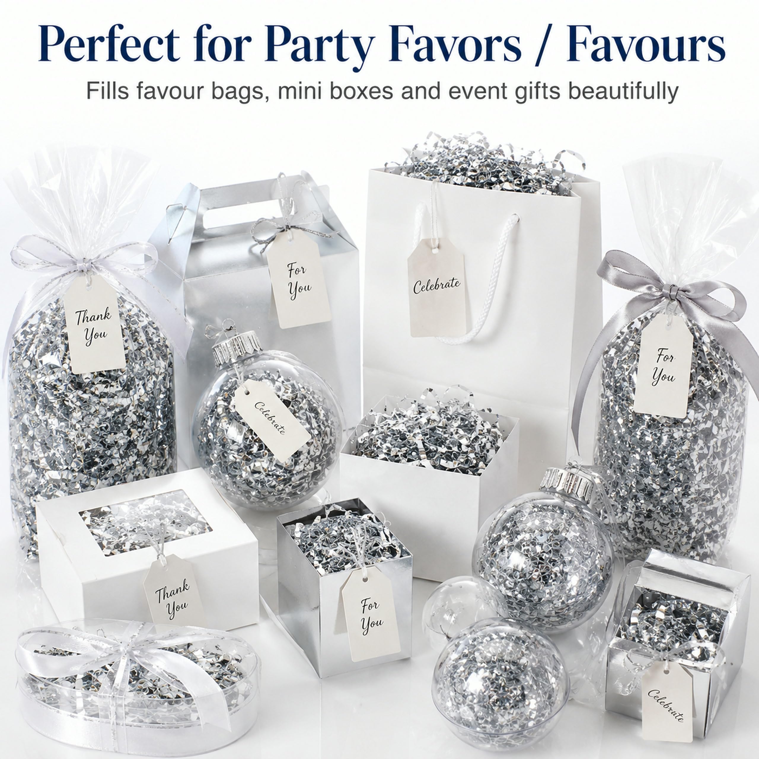 1LB (455g) Double Sided Silver Shredded Tissue Paper for Packing Gift Boxes - Premium Crinkle Cut Baskets Filler Shredded Paper, Recyclable Hamper Fillers for Packaging, Crafting & Gifting