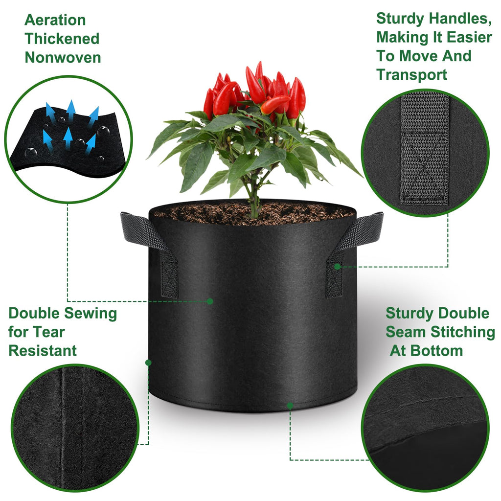 Remiawy Grow Bags, 10 Pack 5 Gallon Aeration Fabric Pots with Handles Reusable Heavy Duty Thickened Nonwoven Indoor Outdoor Garden Plant Containers for Growing Potatoes Tomatoes Plants and Vegetables
