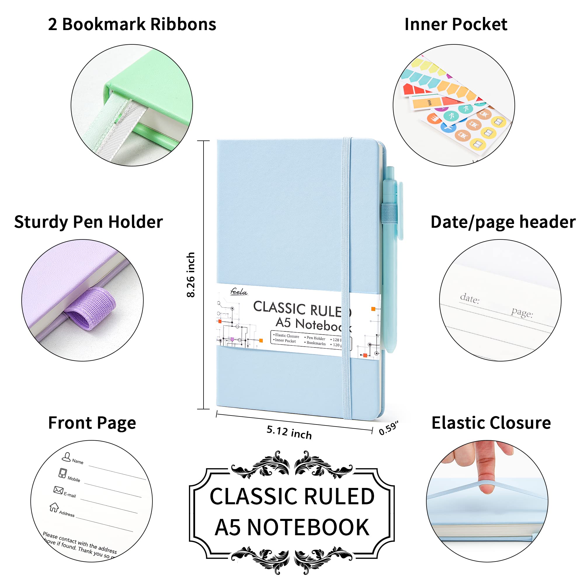 feela Hardcover Notebook For Work, Classic Ruled Lined Journal Set School Business Supplies, with 3 Black Pens, 120 GSM, 5.1”x8.3”, 3 Pack, A5, Pastel Colors, Light Blue, Light Purple, Light Green