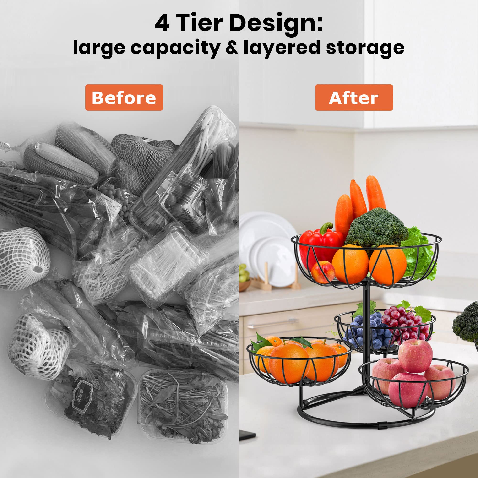 Honeystar 4 Tier Fruit Basket Bowl Fruit Stand Countertop Fruit Bowls for Counter Vegetable Basket Kitchen Organizer and Storage (Black)