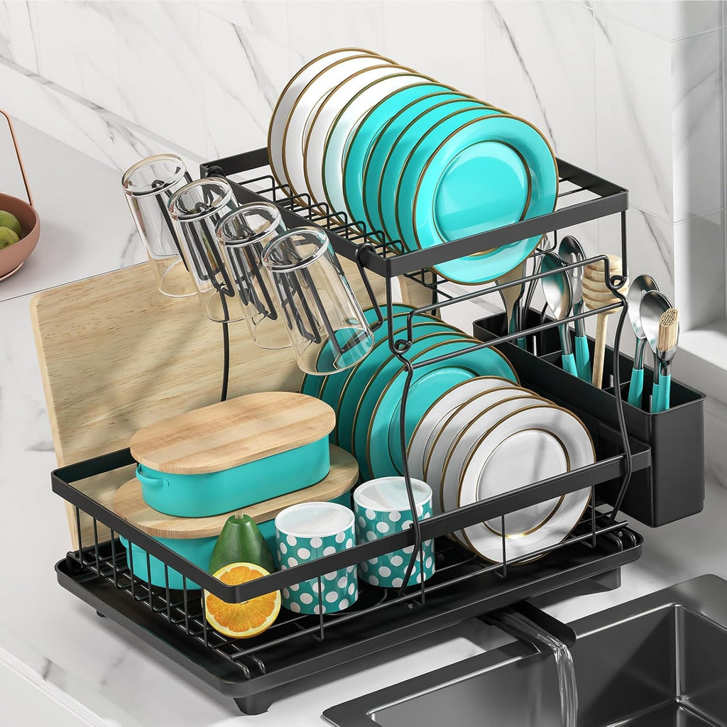 MERRYBOX Dish Drying Rack - Dish Racks with Drainboard for Kitchen Counter, Compact Stainless Steel Dish Drainer with Widened Leak-Proof Spout, Large 3-Compartment Utensil Holder, Easy Installation