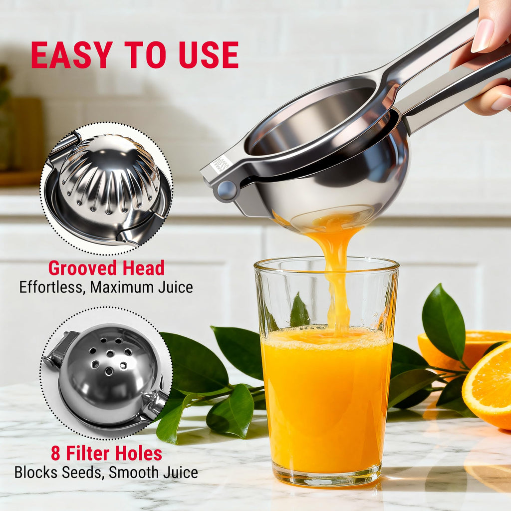 TempPro Lemon Lime Squeezer, 304 Stainless Steel Hand Press Citrus Juicer with Grooved Bowl & 8 Filter Holes, Heavy-Duty Hinged Handle, High Juice Yield, Easy to Use & Dishwasher Safe