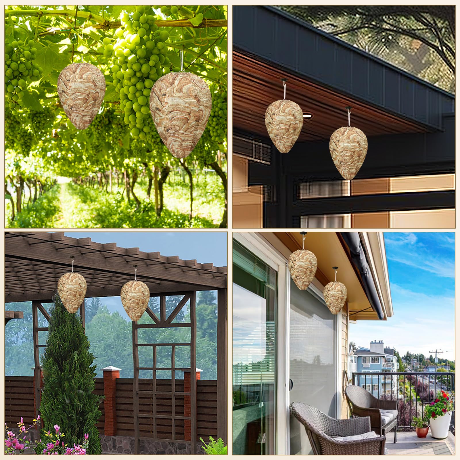 DECYOOL 4 Pack Wasp Nest Decoy Hanging Wasp for Wasps Hornets Yellow Jackets Outdoor Water-Repellent Material (Brown)
