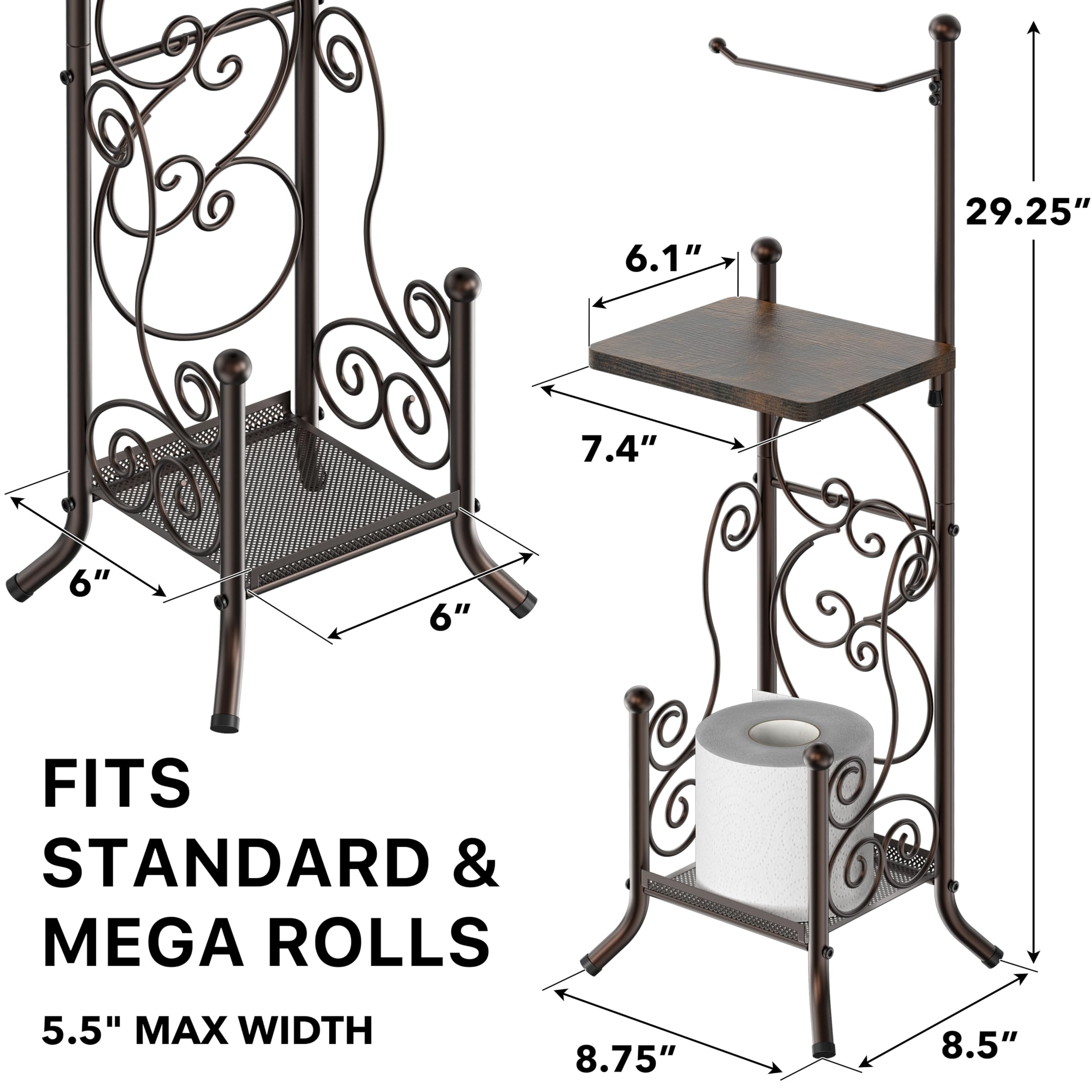 Simple Houseware English Style Bathroom Toilet Tissue Roll Holder Stand with Shelf, Bronze