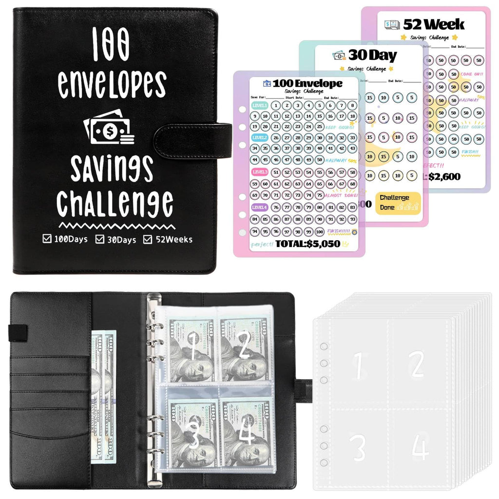 100 Envelopes Challenge Binder, Money Savings Challenges Book to Save $5,050 and $2,600 and $300, A5 Dinero Saving Planner Cash Budget Organizer, Black
