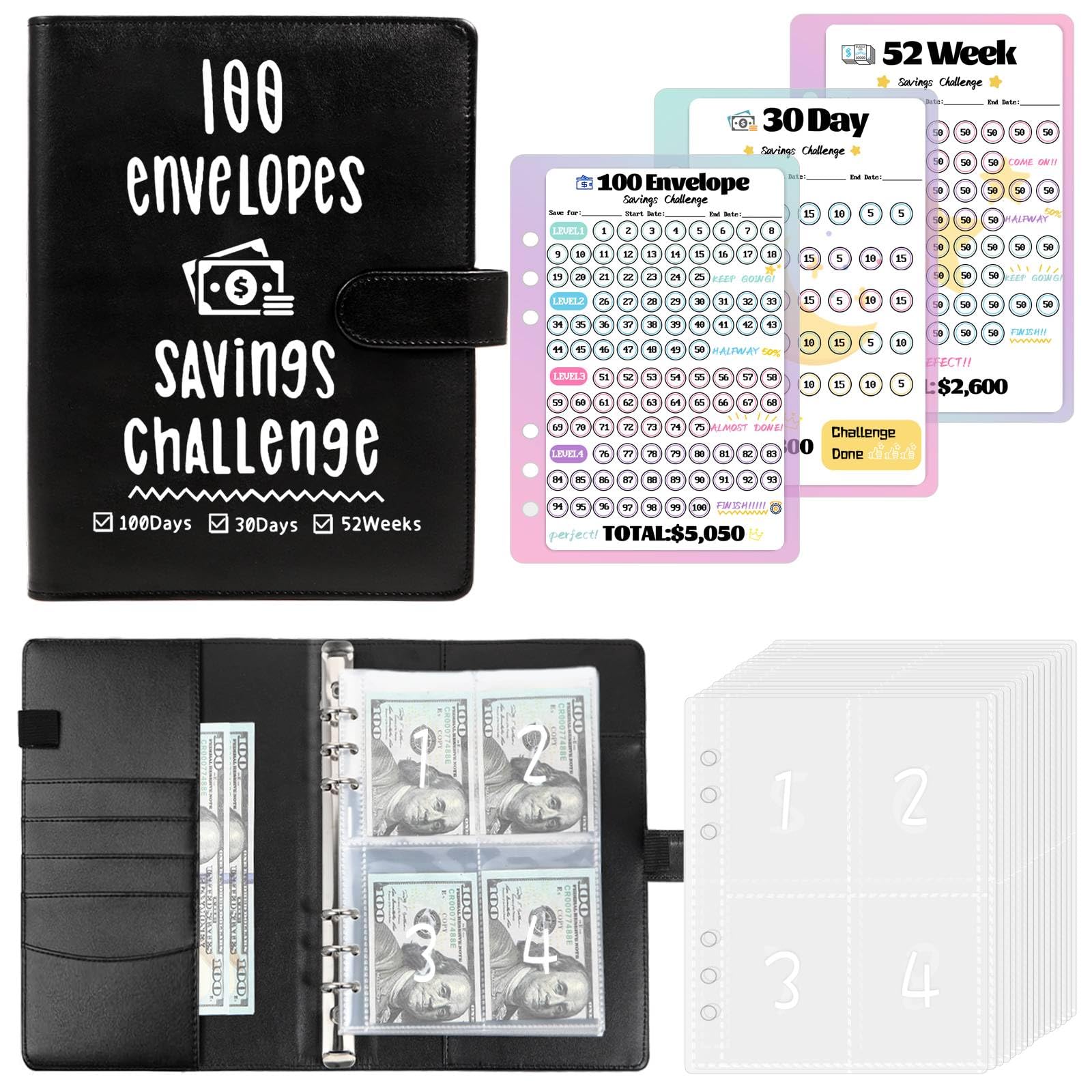 100 Envelopes Challenge Binder, Money Savings Challenges Book to Save $5,050 and $2,600 and $300, A5 Dinero Saving Planner Cash Budget Organizer, Black