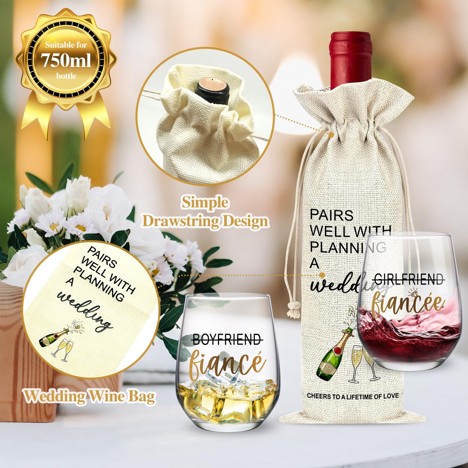 JTAMOHI Engagement Gifts for Couples, 5 Pcs Fiance Fiancee Wine Glass Gifts Set, Engagement Gifts for Newly Engaged Couples, Fiance Fiancee Gifts for Him and Her, Newlywed Wedding Gifts, Bridal Shower