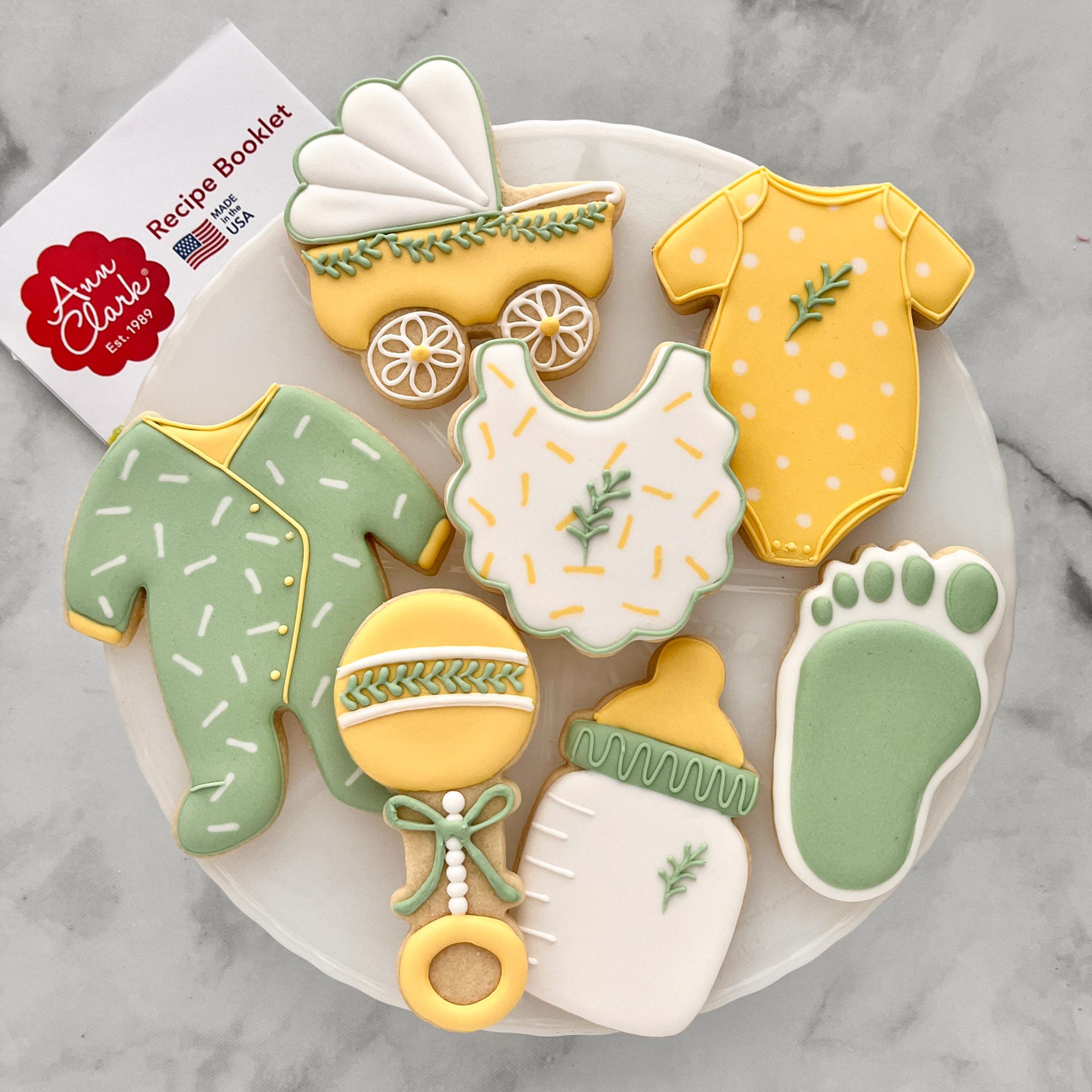 Baby Shower Cookie Cutters 7–Pc. Set Made by Ann Clark, Onesie, Bib, Rattle, Carriage, Baby Footprint and More