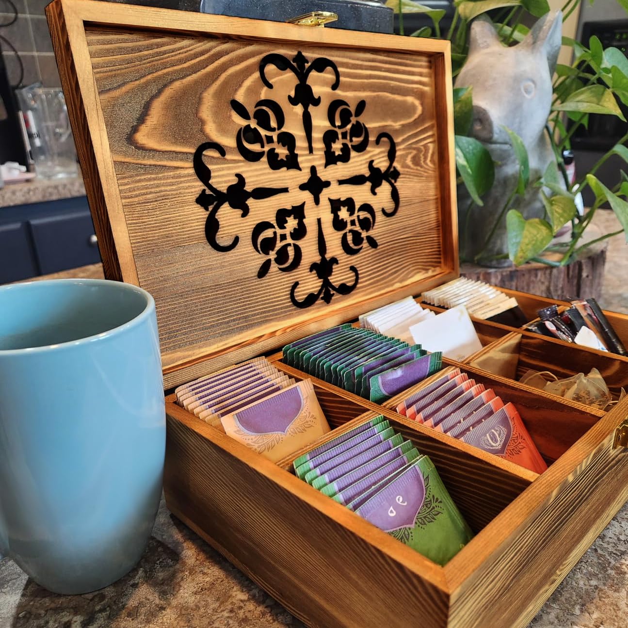 Coloch Wooden Tea Bag Storage Box with Carved Lid, 8-Compartment Tea Chest Organizer Spice Packets Container for Living Room, Kitchen, Gift for Office, Home Decor