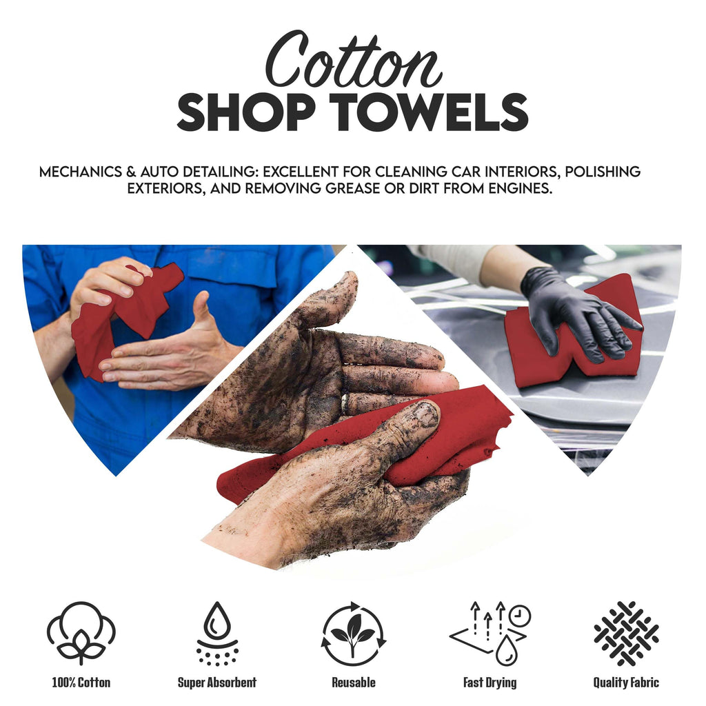 CH Cotton Shop Towel – Absorbent Shop Towels (14" x 12" - Pack of 100 - Red) Multipurpose Cleaning Towels for Automobiles, Industries, Garages, and Homes
