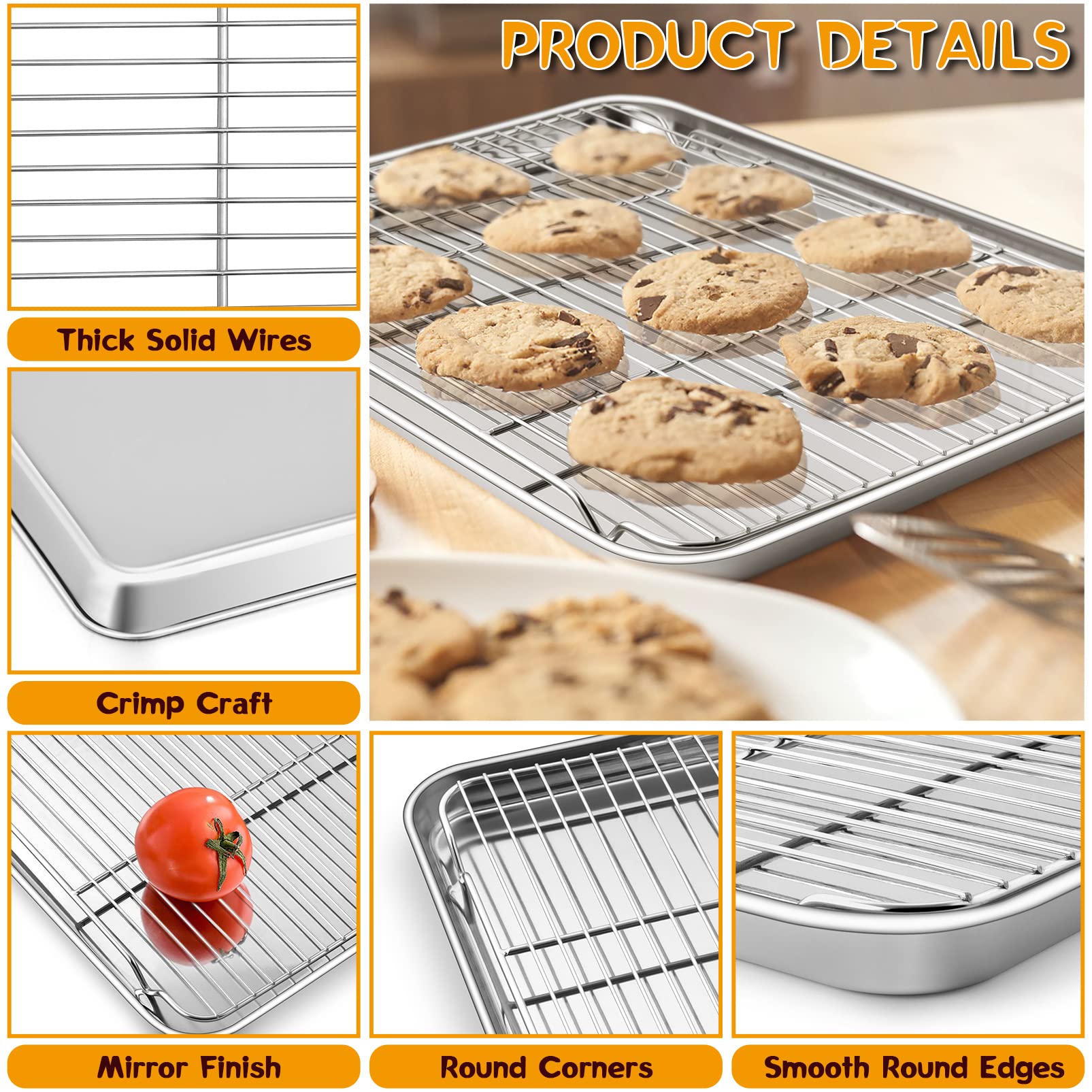 17.3 Inch Large Baking Sheet and Rack Set, P&P CHEF Half Stainless Steel Cookie Sheet Baking Pan with Cooling Rack for Cooking/Roasting, Non-Toxic & Bake Evenly, Oven & Dishwasher Safe