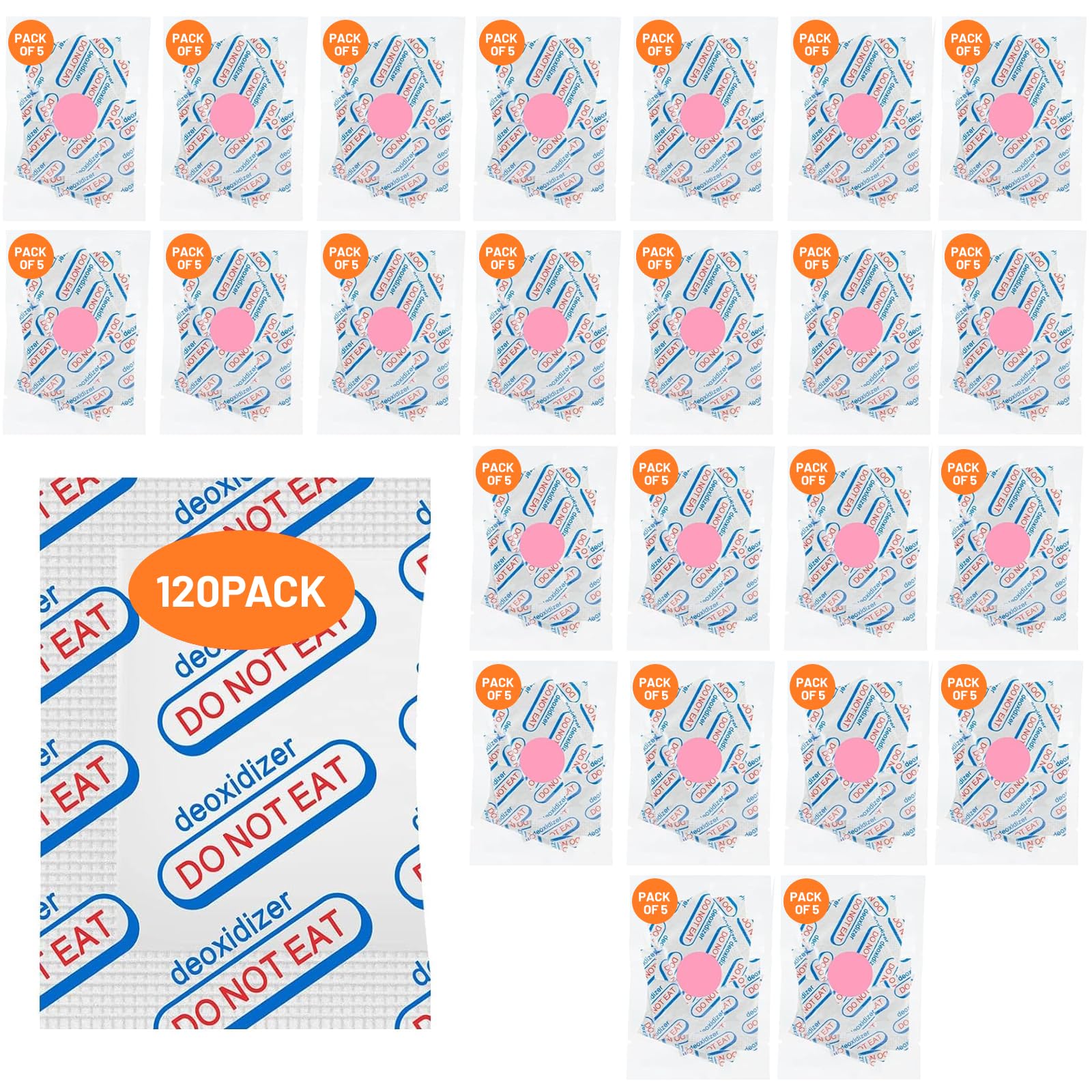 120 Packs 300cc Food Grade Oxygen Absorbers (5 Packs in Individual Vacuum Bag, 24x Packs of 5), Oxygen Absorbers for Long Term Food Storage with Oxygen Indicator, Applicable to Mason jars, etc.