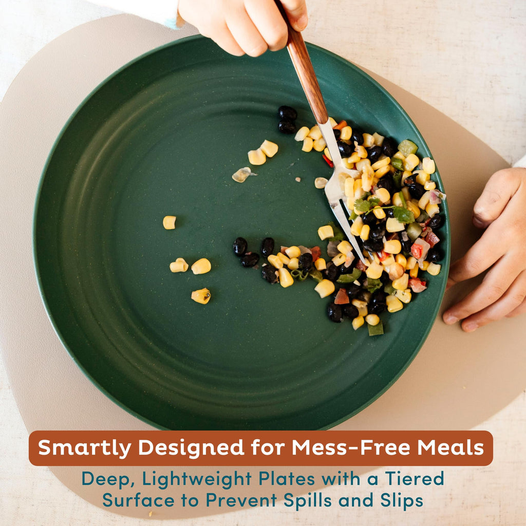 Nook Theory Reusable Wheat Straw Plates 8 Pcs - Non Toxic Kids and Toddler Plate, Microwavable, Dishwasher Safe and Unbreakable Dinnerware (Meadow 9")