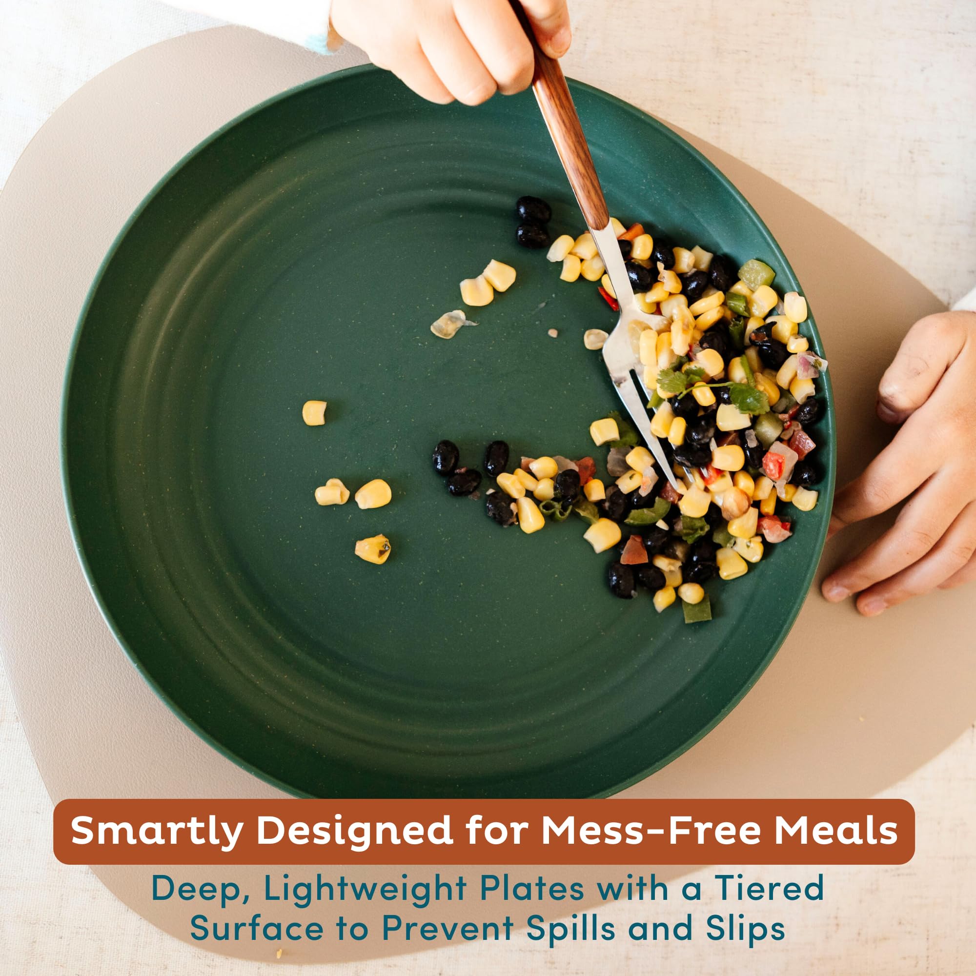 Nook Theory Reusable Wheat Straw Plates 8 Pcs - Non Toxic Kids and Toddler Plate, Microwavable, Dishwasher Safe and Unbreakable Dinnerware (Meadow 9")