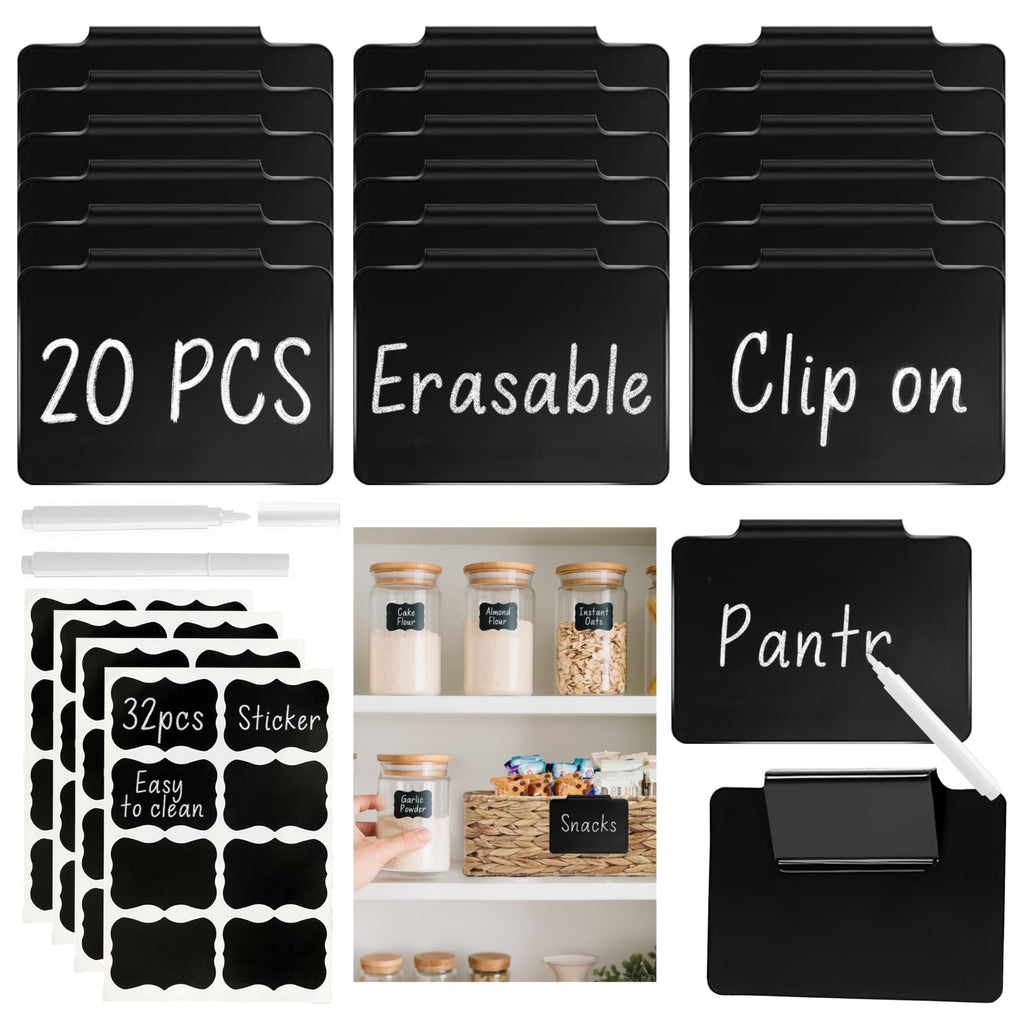DECOMOMO Labels for Storage Bins – 20 Clip on Chalkboard Labels & 32 Removable Sticker Labels with White Chalk Marker