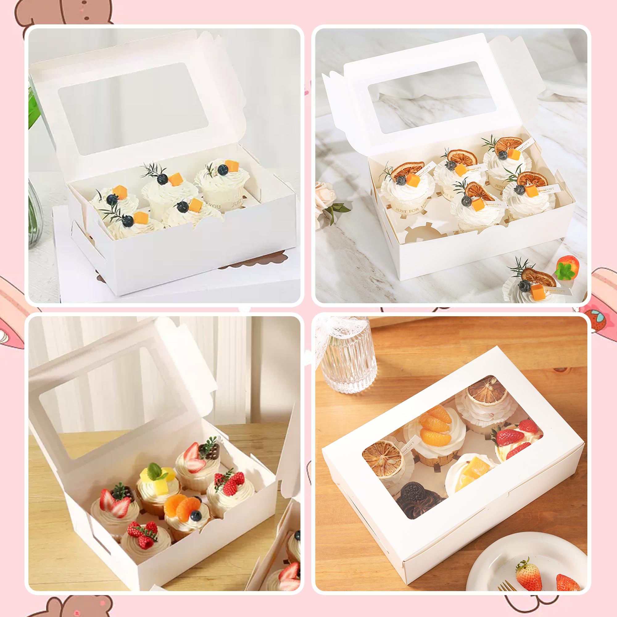20 PCS White Paper Cupcake Boxes with 6 Cavity Cookie Gift Boxes with Clear Window 6 Treat Holder Cupcake Containers Bakery Cake Box for Birthday Party Bakery Supplies
