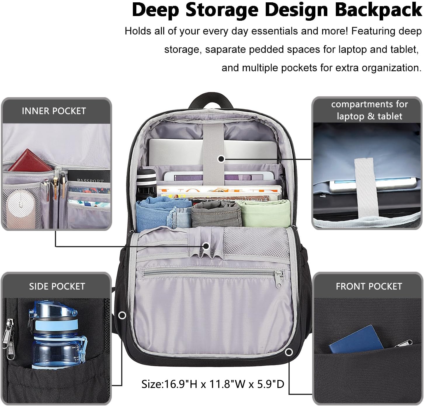 Deep Storage Laptop Backpack with USB Charging Port[Water Resistant] College School Computer Bookbag Fits 15.6 Inch Laptop
