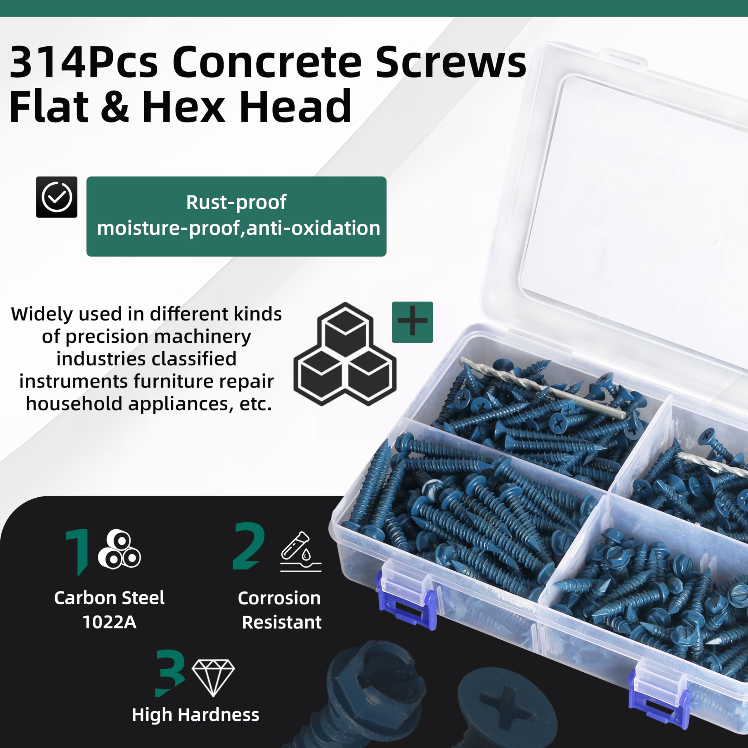 314Pcs Concrete Screws Set,Carbon Steel 1022A Flat & Hex Head Concrete Screws 1/4" x1-1/4 to 2-1/4" and 3/16" x1-1/4 to 2-3/4"Screw Assortment Kit