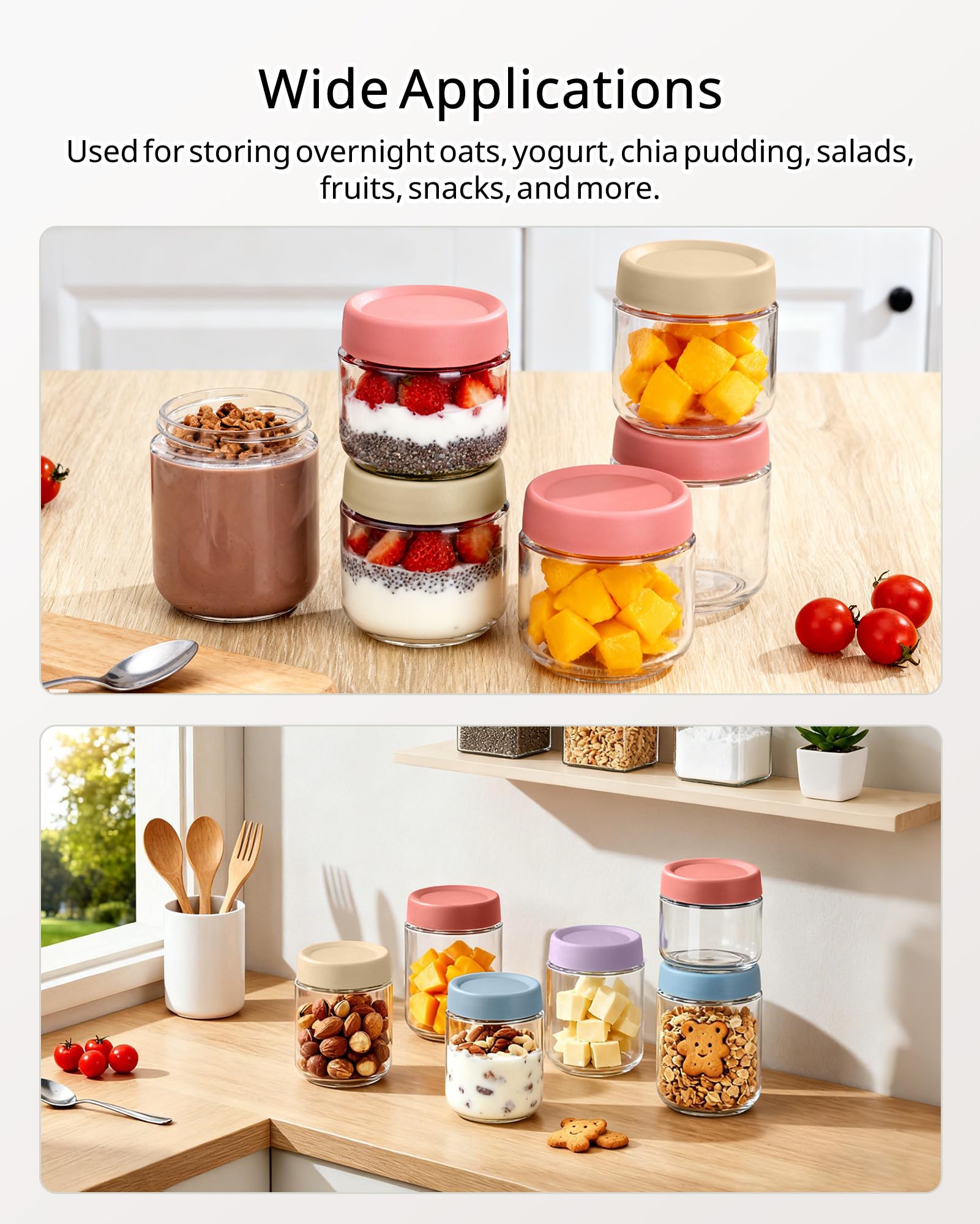 10+16oz Overnight Oats Jar, 4 Pack Overnight Oats Containers with Lids, Leak-Proof Reusable Wide Mouth Mason Jars Glass Jar for Yogurt Fruit, Salad Lunch, Snack, Cereal, Food Storage