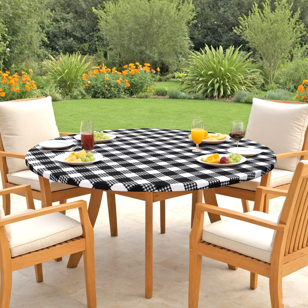 LOMOHOO Round Tablecloth with Elastic Edge Outdoor Waterproof Round Table Cloth, 36-44" Black White Buffalo Plaid Houndstooth Washable Fitted Vinyl Table Cover for Dining Kitchen Picnic Camping Party