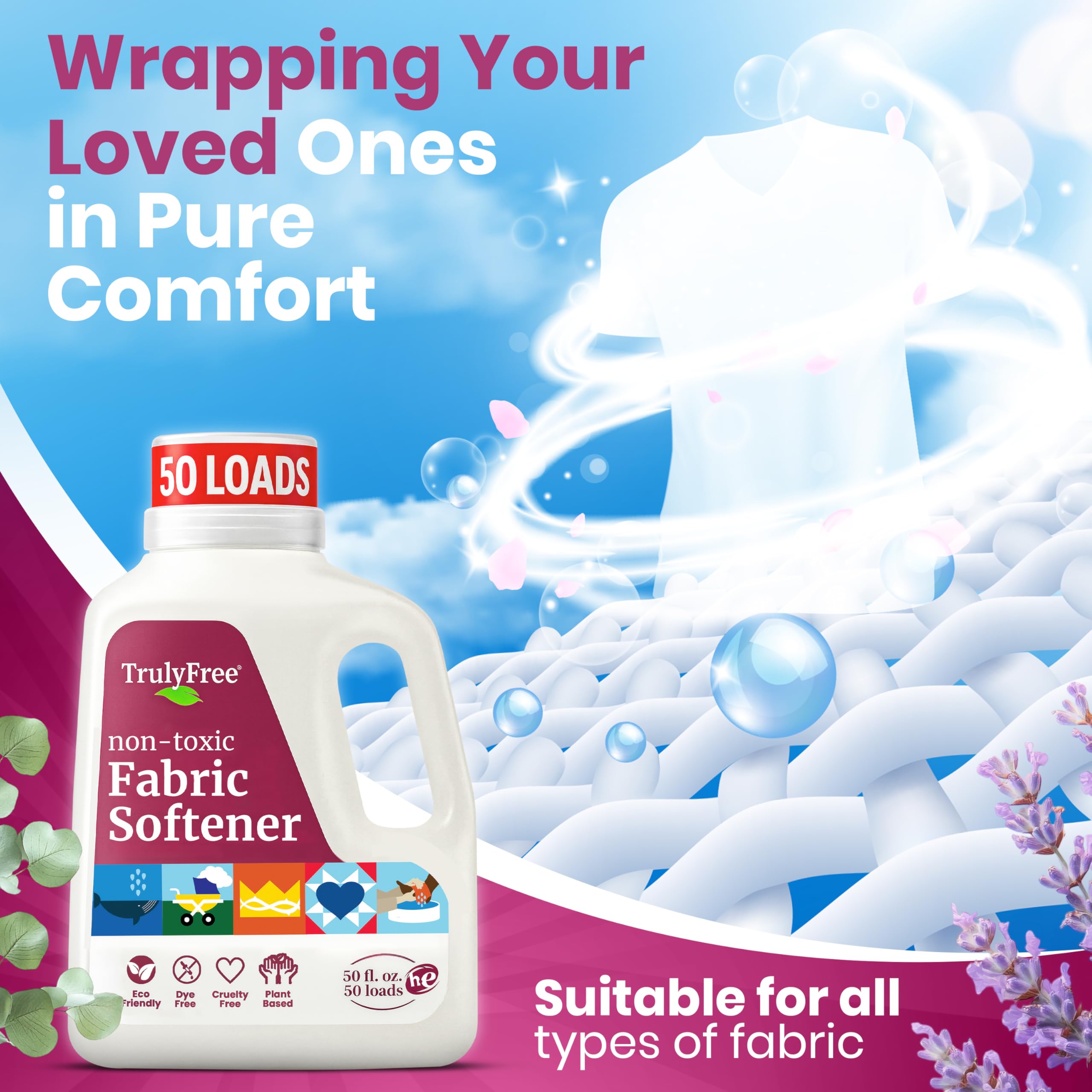 Truly Free Fabric Softening Conditioner for Clothes| Safe for Babies & Kids with Sensitive Skin | Plant-Based | Include 1 Refillable 50oz Bottle with Measuring Cap| Signature Scent Rinse(50 Loads)