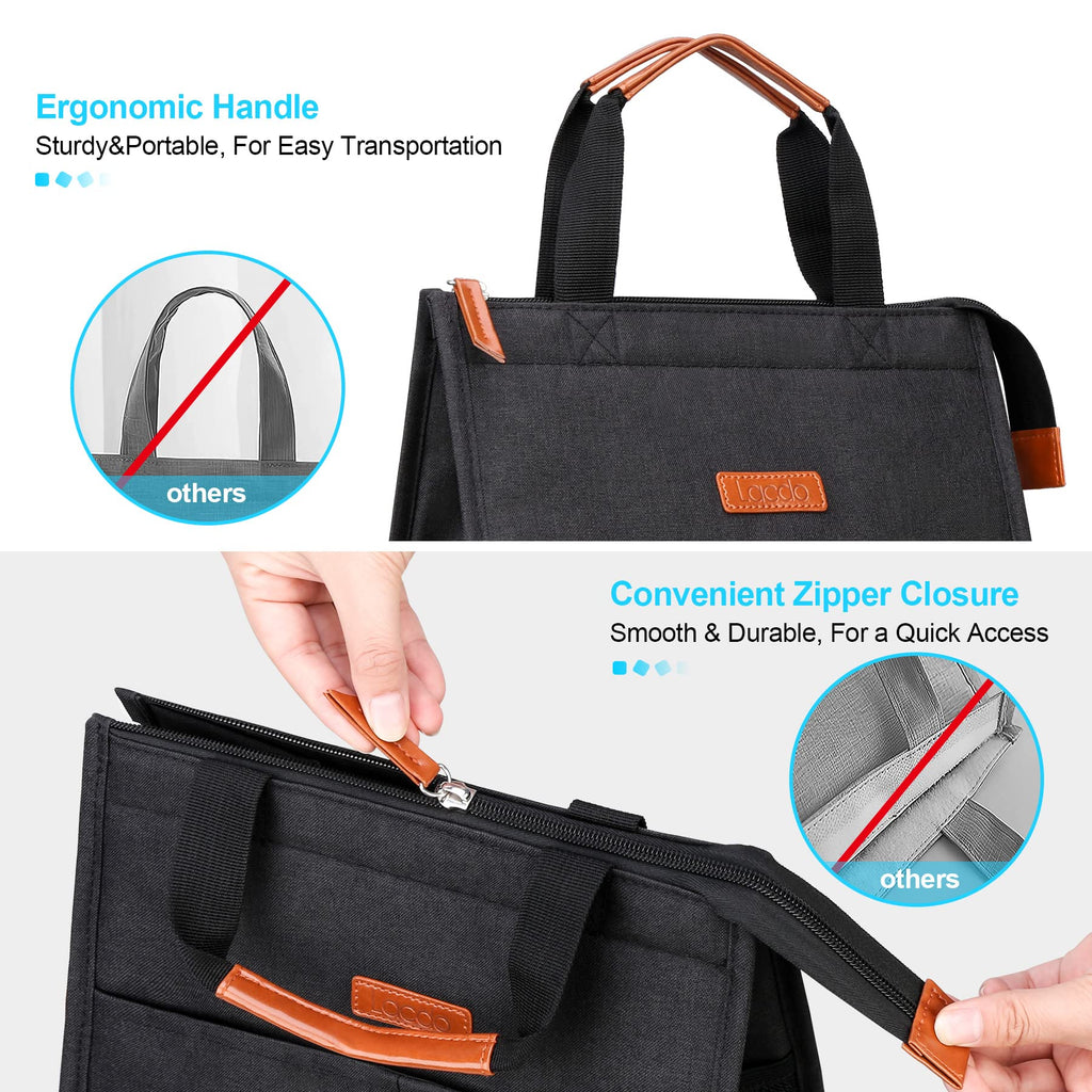 Lacdo Lunch Bag for Women Men Insulated Lunch Tote Bags Waterproof Reusable Lunch Box Soft Cooler with Pockets for Work School Travel Picnic, Black