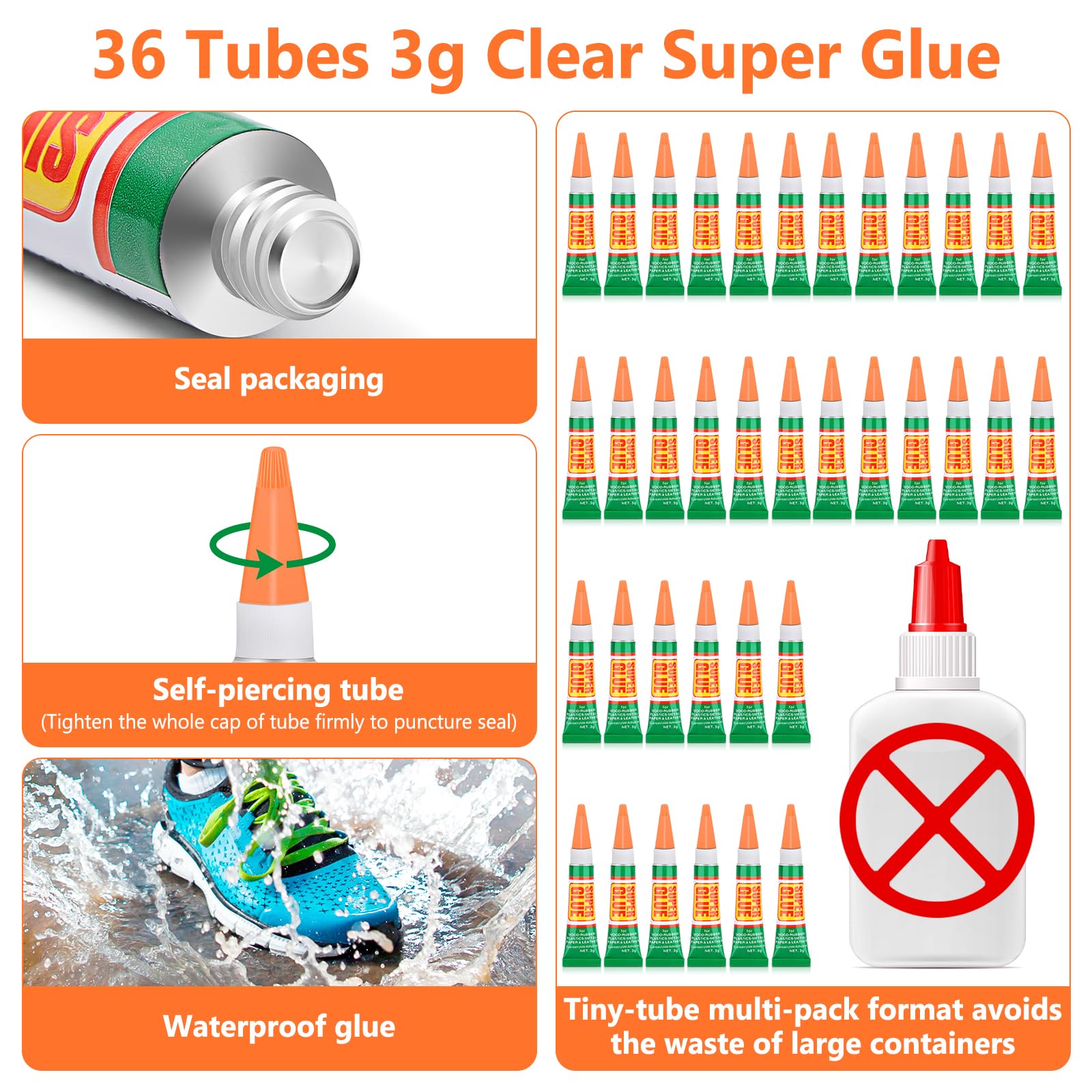 36 x 3g Super Strong Glue for All Purpose, Clear Cyanoacrylate Adhesive Instant Glue Quick Dry Superglue Gel Tubes for Bonding Plastic, Metal, Glass, Leather, Wood, Rubber, Jewelry, DIY Crafts Repair