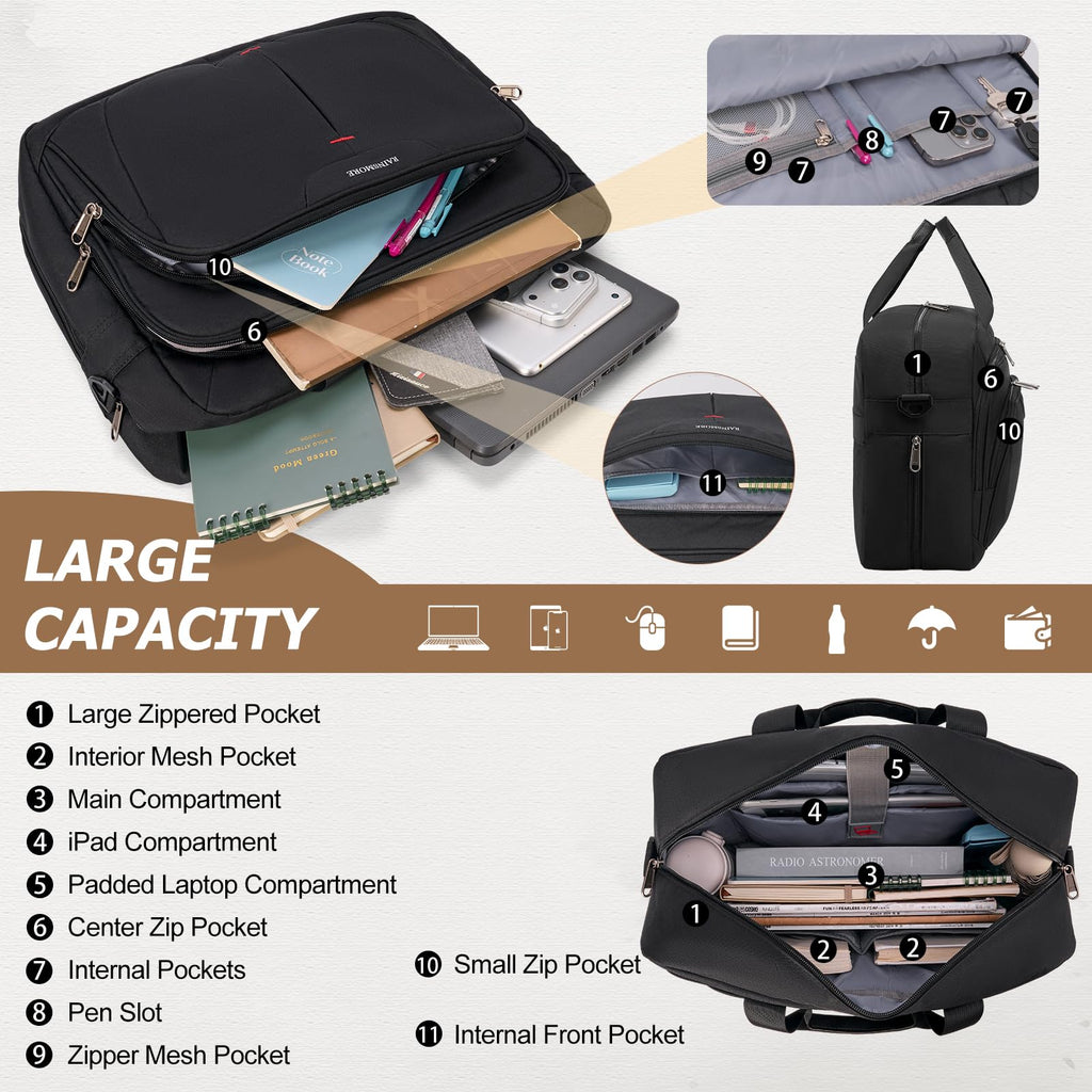 RAINSMORE 17.3 Inch Laptop Bag Expandable Briefcase for Men Large Water-Resistant Computer Messenger Bag Laptop Carrying Case for Work, Office, Travel, Black