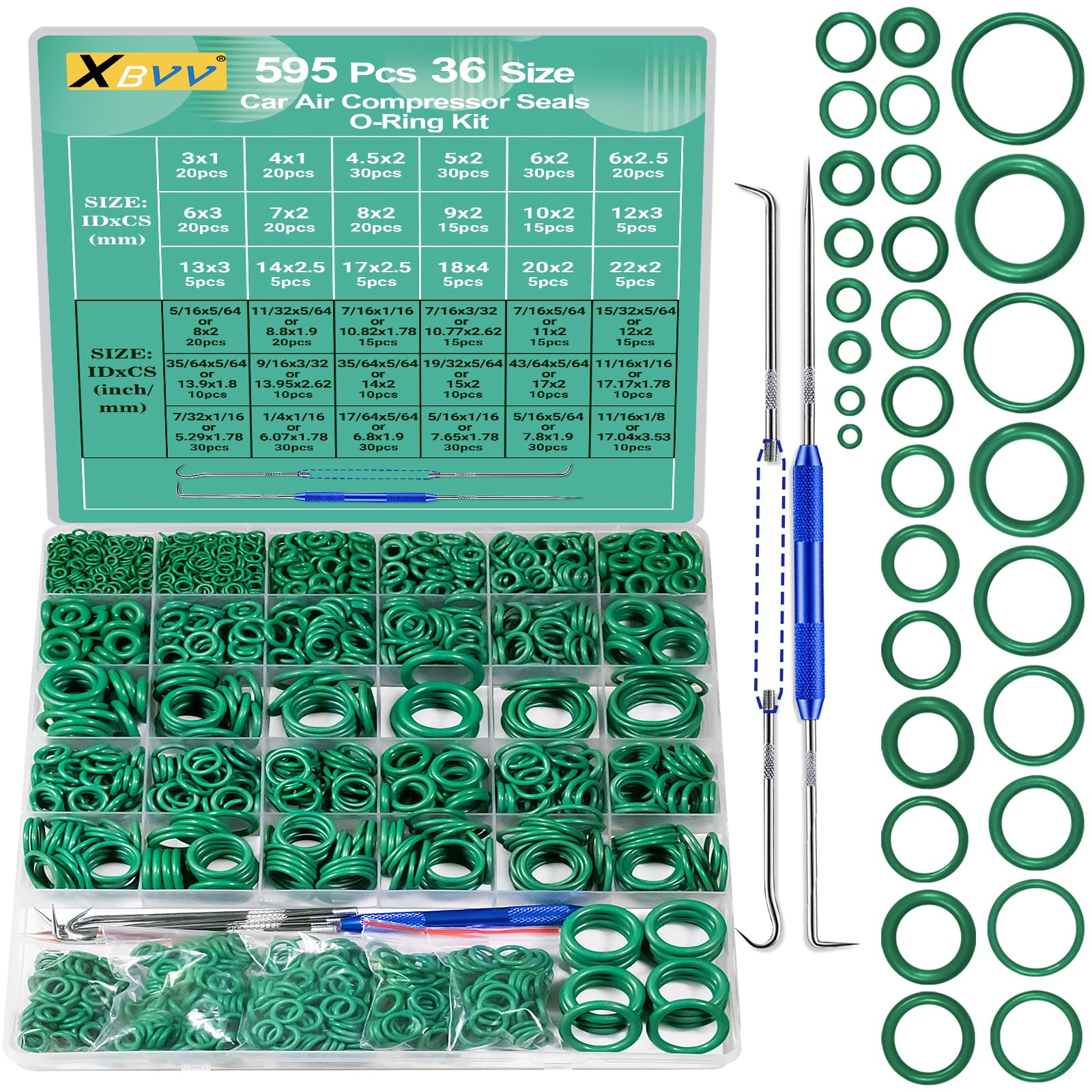 XBVV 595 Pcs Metric and SAE Air Conditioning O-Ring Kit for Automotive A/C, Compressor and Professional Faucet Plumbing Seal Orings Repair with O-Ring Picks,Resist Oil and Heat (Green)