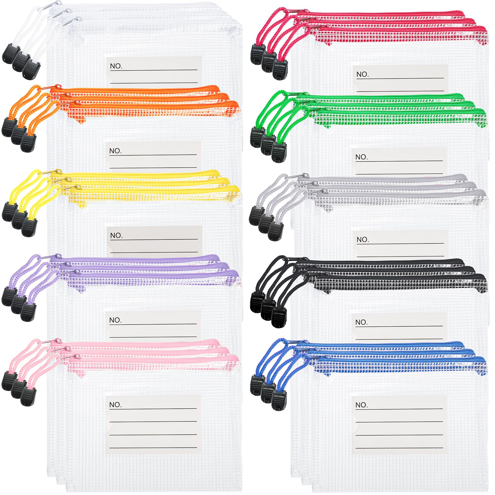 Hedume 30 Pcs 10 Colors Small Zipper Mesh Pouch with Label Pocket, A6 Size 6.3 x 4.7 Inches Waterproof Zip Mesh Bag, Plastic Mesh Zipper Pouch for School Office Supplies, Cosmetics Travel Accessories