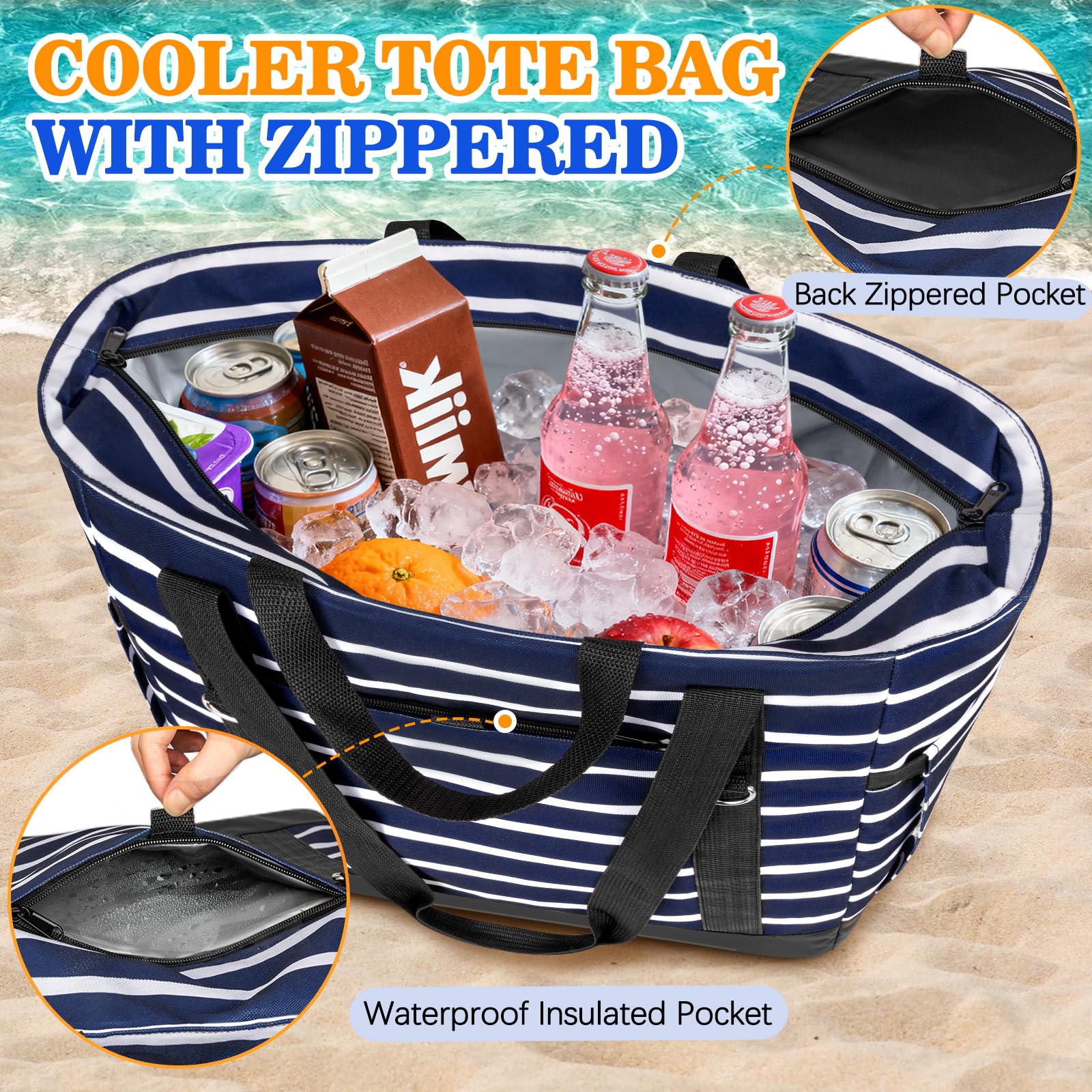 HUANLANG Soft Cooler Bag Insulated for Travel,Large Insulated Grocery Bags with Zippered Top,PEVA Collapsible Insulated Food Delivery Bag for Beach, Travel, Picnics