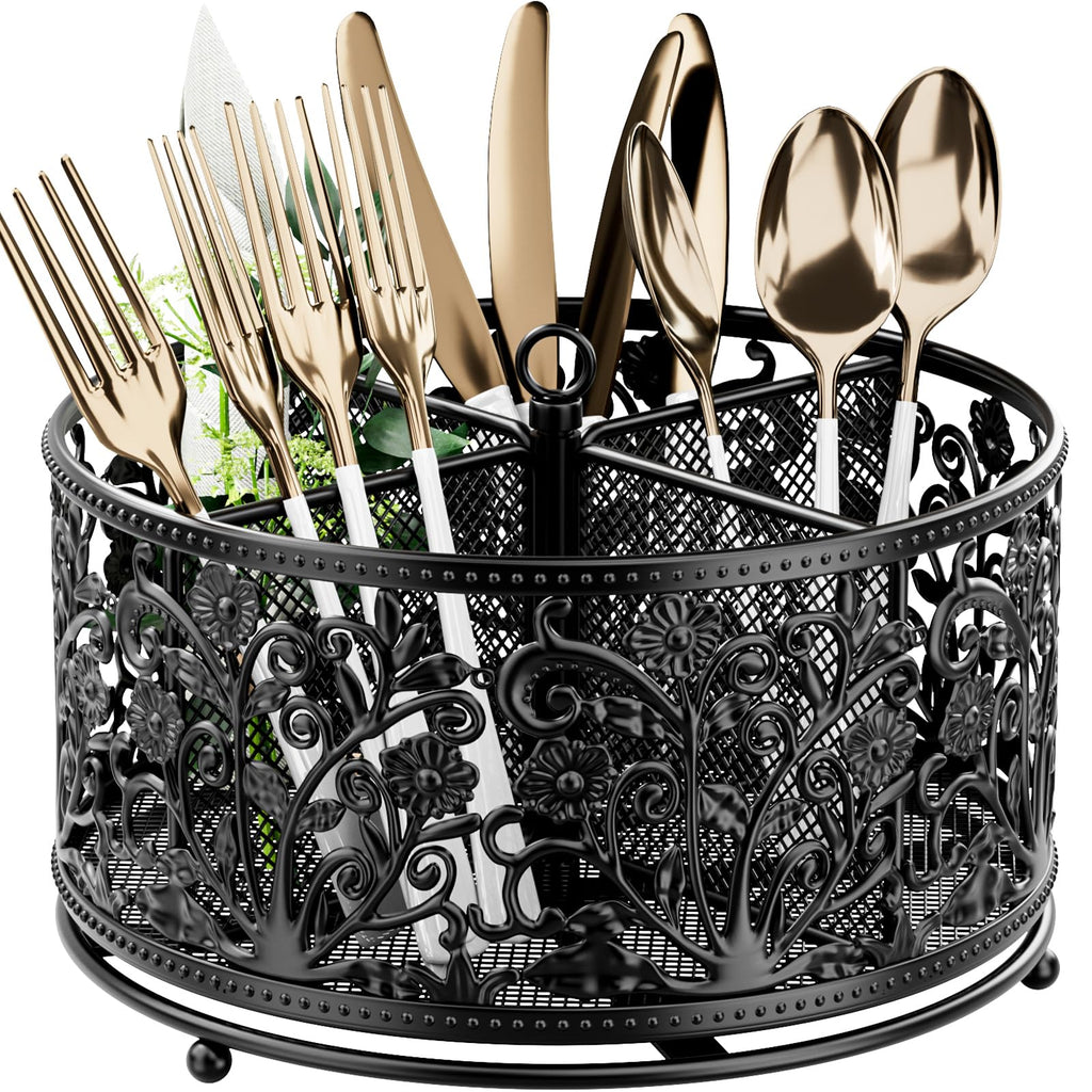 YIUKEA 360° Rotating Utensil Caddy - Silverware Cutlery Caddy Holder with 4 Compartment, Metal Flatware Organizer Countertop with Handle for Party Camping Picnic, Kitchen Counter, Office (Black)