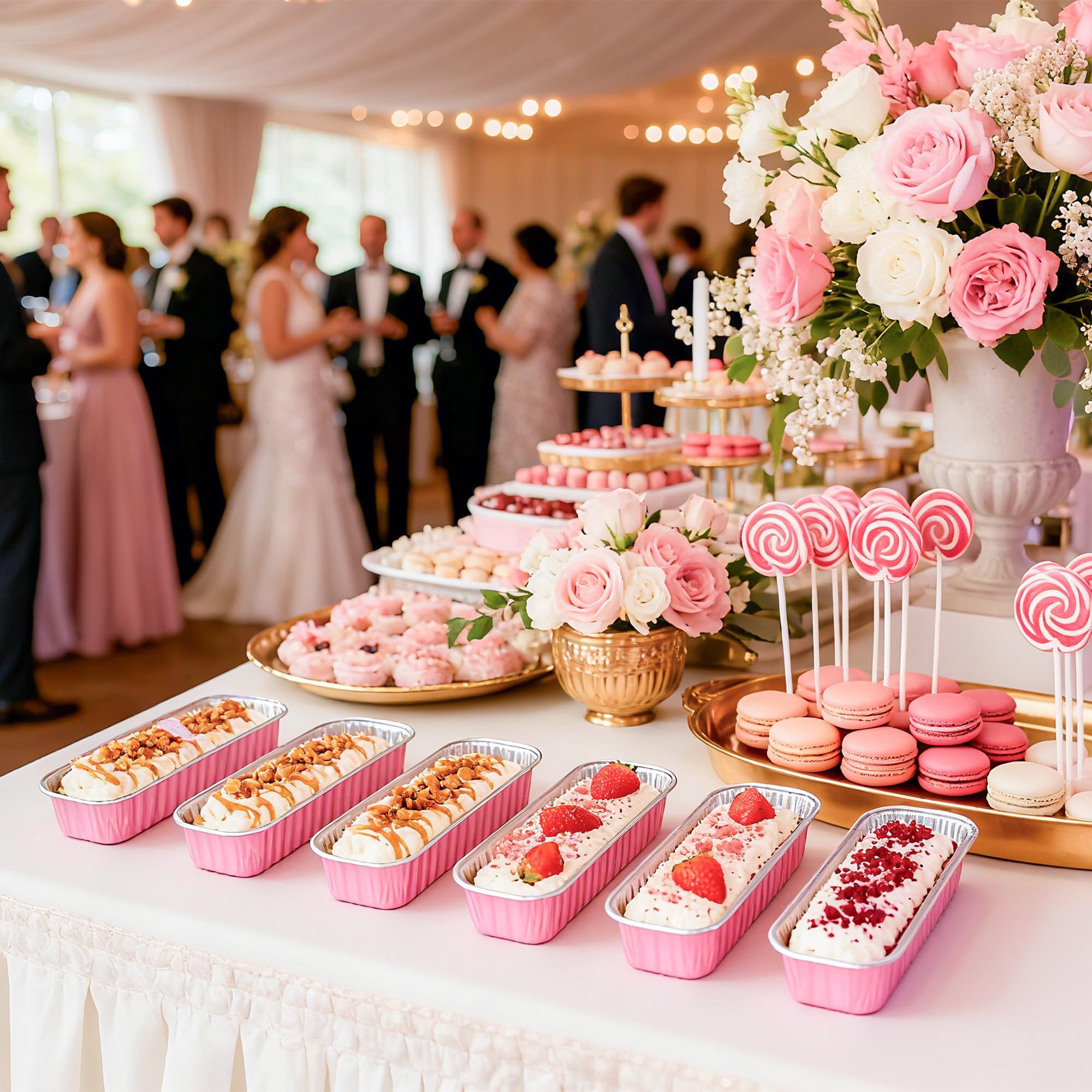 LOKQING 50 Pack Mini Loaf Pans with Lids Rectangle Individual Cake Pans Aluminum Foil Pans for Large Gatherings Picnics Vacations Parties (Pink, 6.8 OZ)