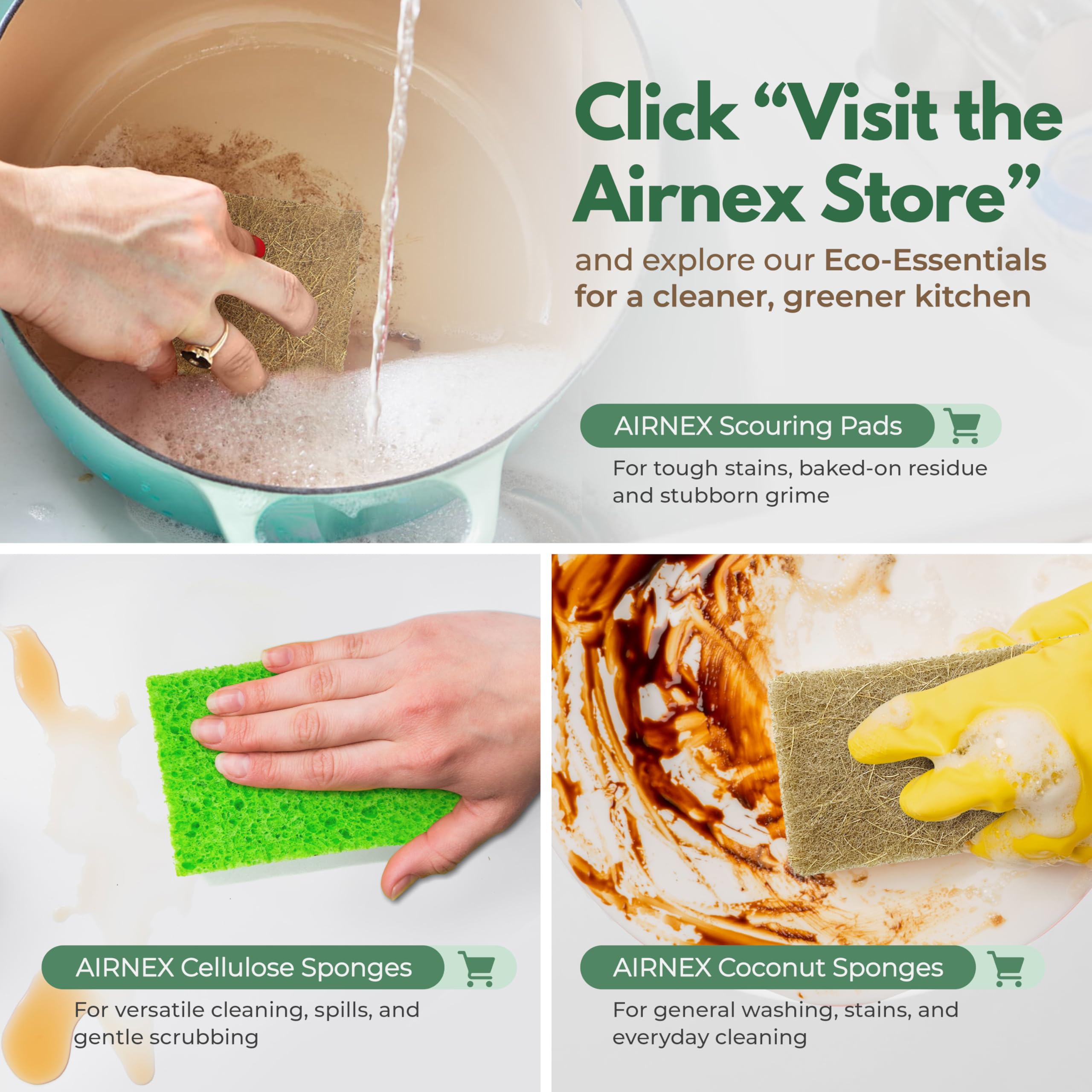 AIRNEX 24 Pack Kitchen Pot Scrubber - Coconut Dish Scrubbers w/Non Scratch Scrubbing Pad - Dual Sided Dish Scouring Pads for Pots, Pans & Kitchen Cleaning