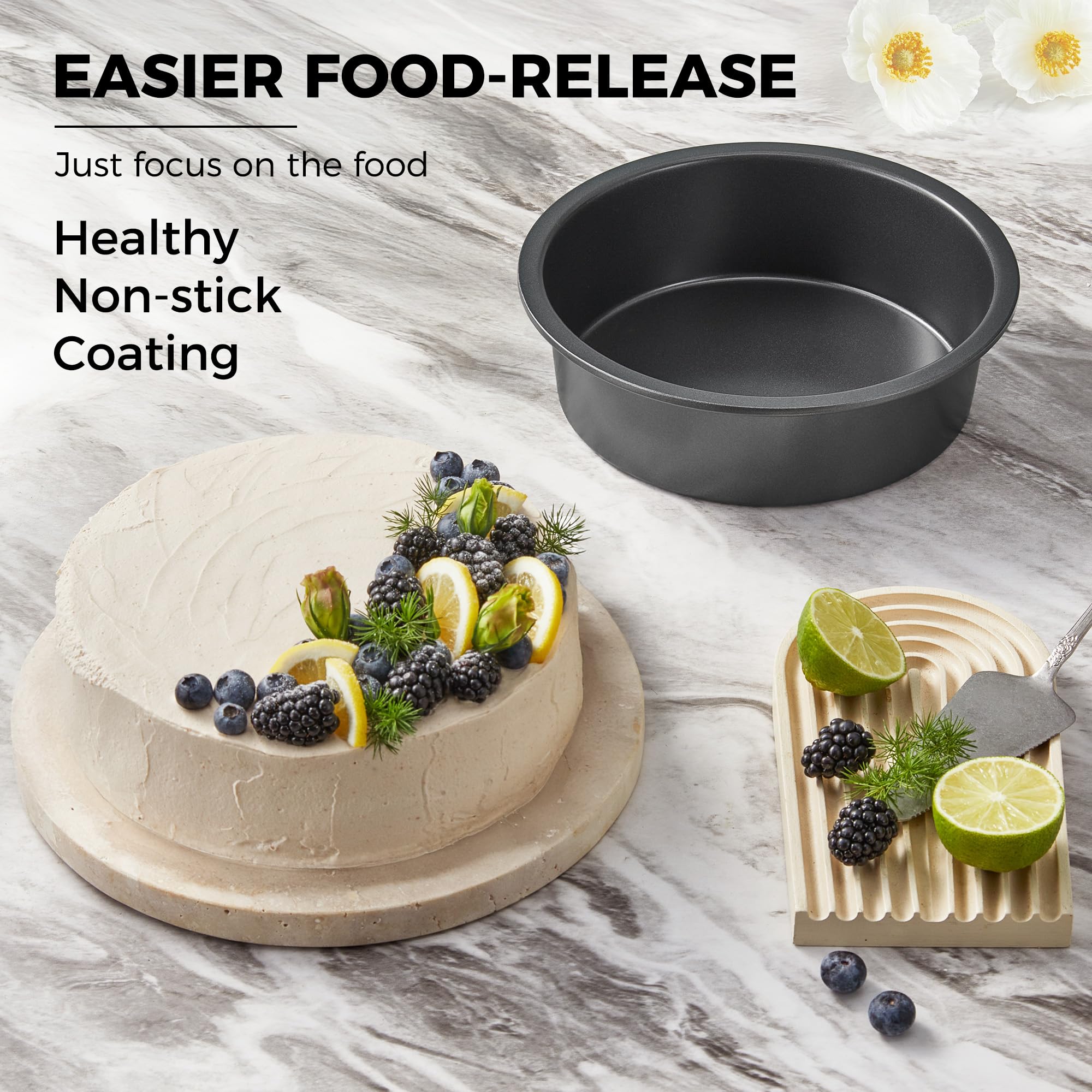 HONGBAKE 8 Inch Round Cake Pan Set for Baking, Nonstick Circle Cake Pans with Wider Grips, 2 Pieces Layer Cake Tin, Cheesecake Mold, Huty Duty, Dishwasher Safe - Grey