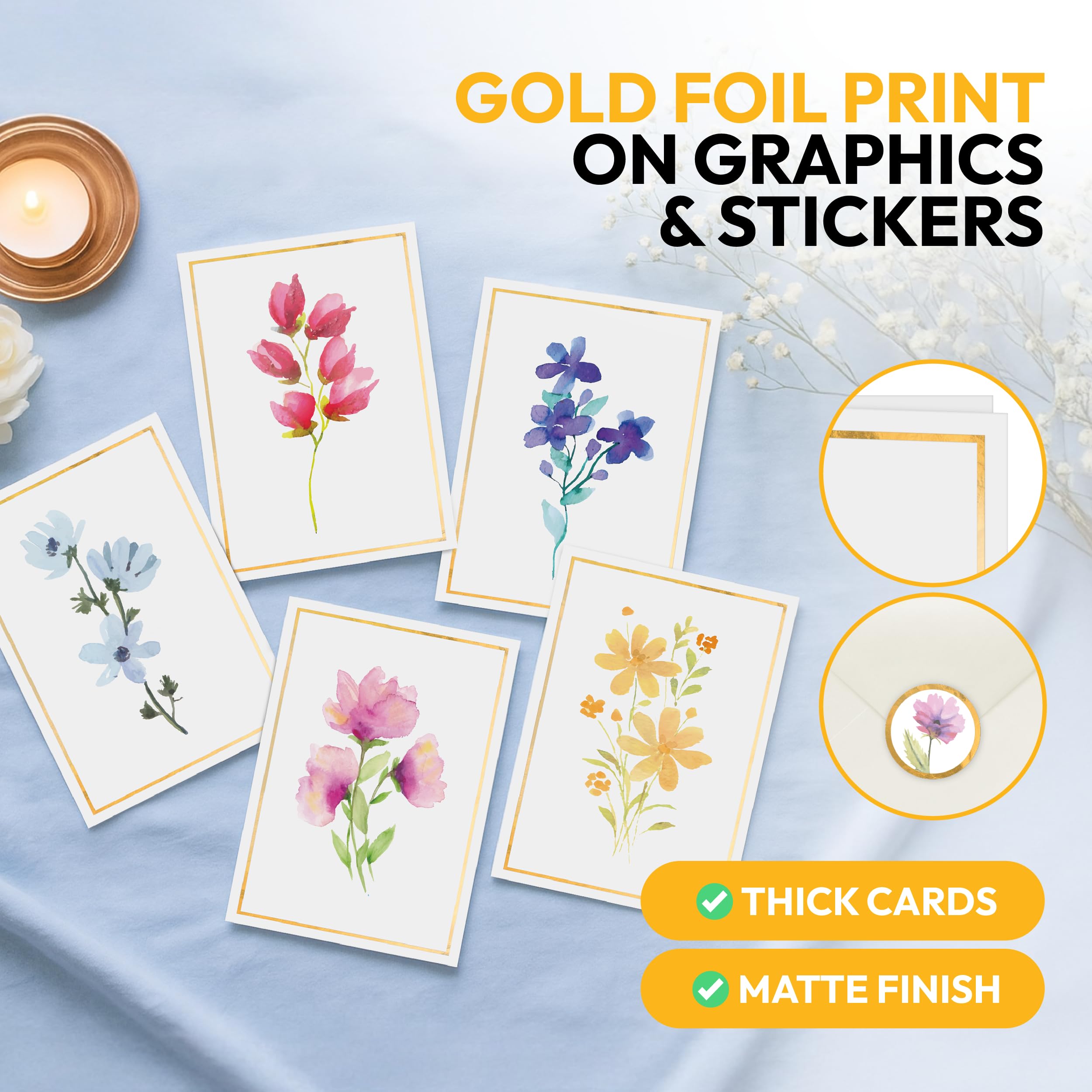 Only Zest 30 Blank Cards with Envelopes Set 4x6 Inch – Minimalistic Floral Design with Gold Border – Note Cards for Greetings, Thank You, Sympathy, Encouragement, Celebration, Personal Messages