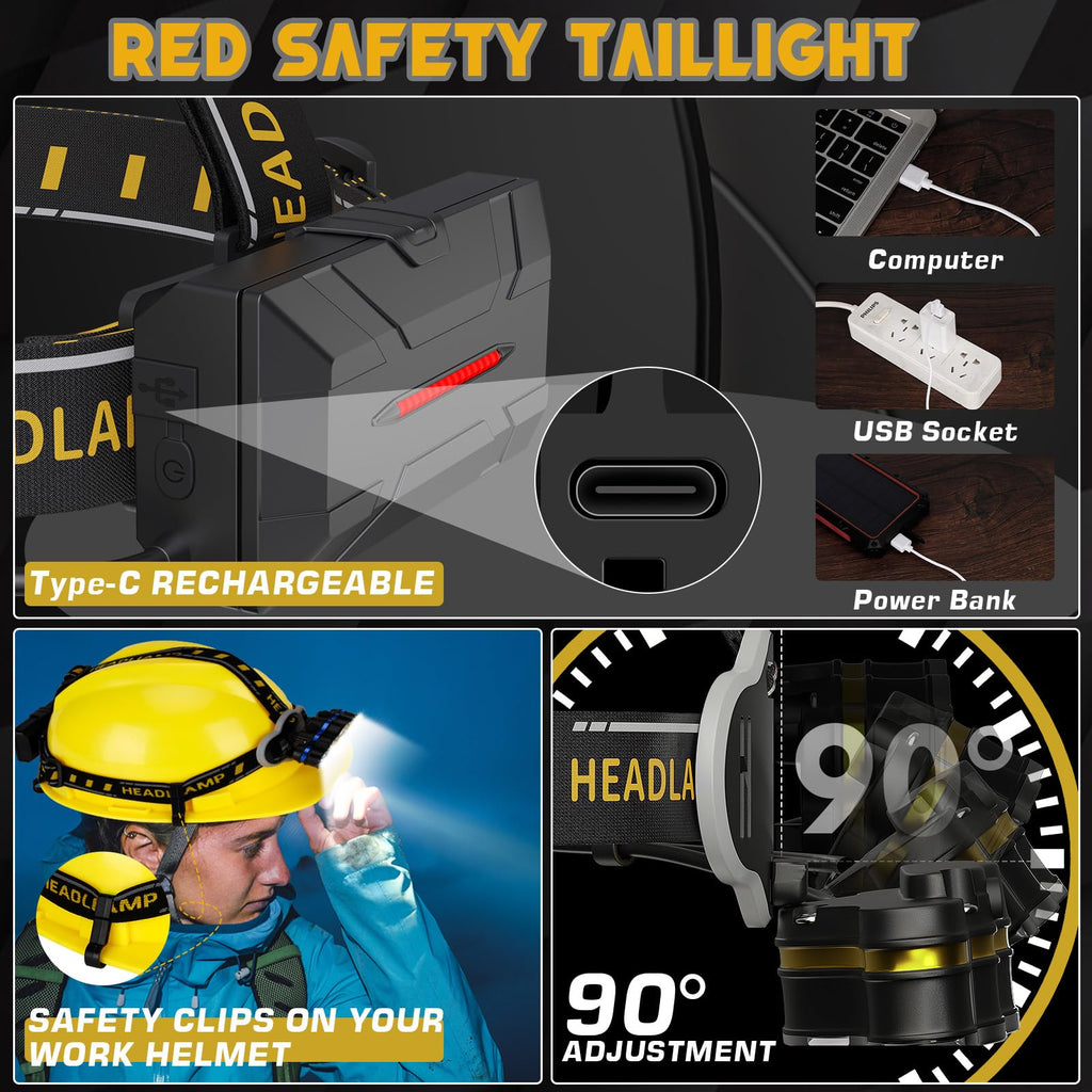 KIDECCE Headlamp Rechargeable,Super Bright 18000 Lumen 8 LED Motion Sensor Head Lamp with Red Light 8 Modes Lampe frontale,Waterproof Headlights for Camping Cycling Hunting Fishing Running Outdoor