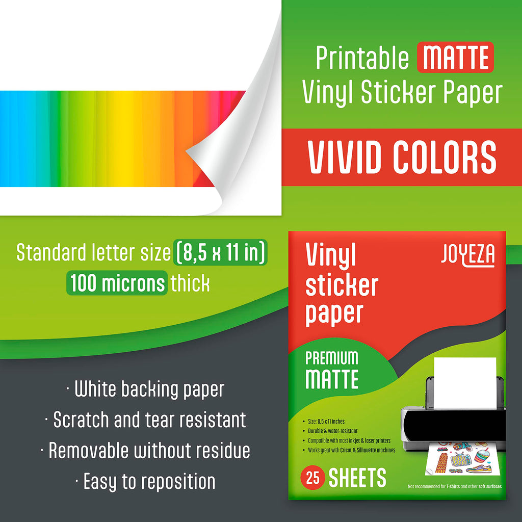 JOYEZA Premium Printable Vinyl Sticker Paper for Inkjet Printer - 25 Sheets Matte White Waterproof, Dries Quickly Vivid Colors, Holds Ink Well- Tear Resistant - Inkjet & Laser Printer