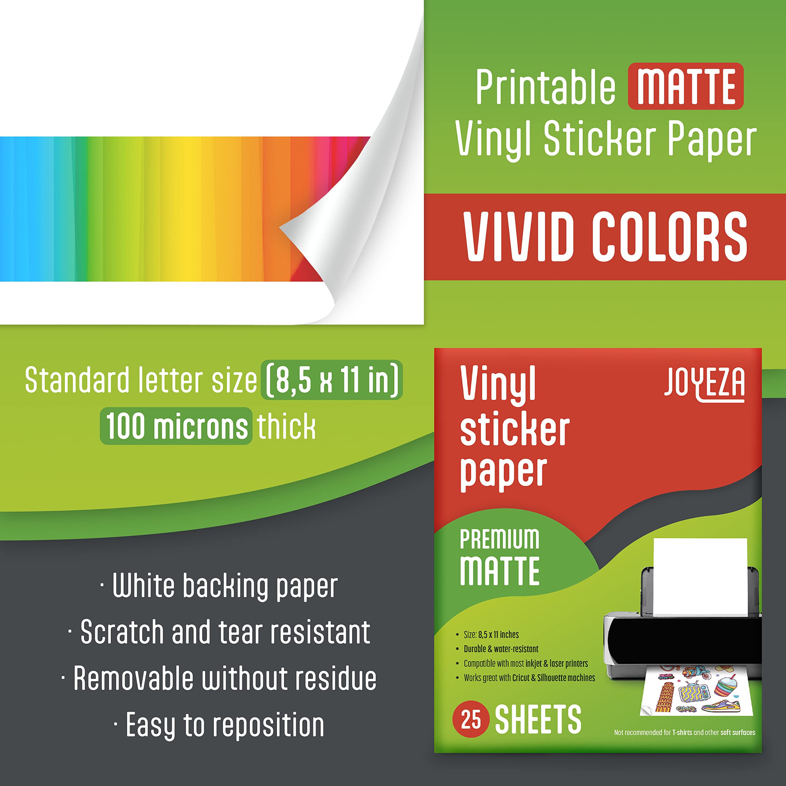 JOYEZA Premium Printable Vinyl Sticker Paper for Inkjet Printer - 25 Sheets Matte White Waterproof, Dries Quickly Vivid Colors, Holds Ink Well- Tear Resistant - Inkjet & Laser Printer