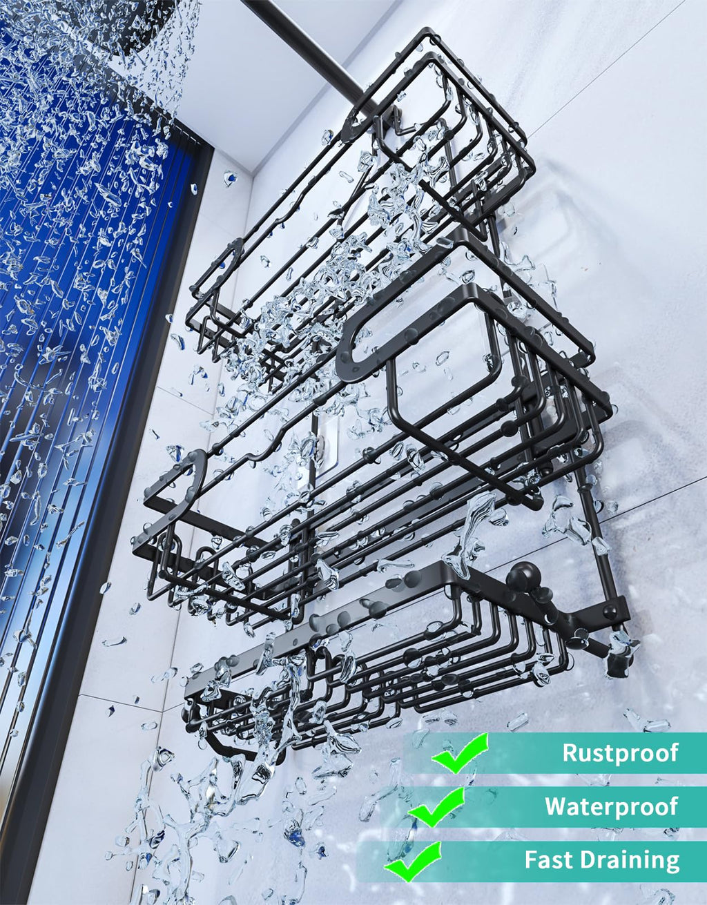 HapiRm Shower Caddy Hanging No Drilling, 3 Tier Over Head Shower Shelves, Shower Organizer Hanging with 2 Soap Holder & 12 Hooks, Bathroom Shelf for Shampoo, Soap, 12.6 x 4.7 x 28.3in