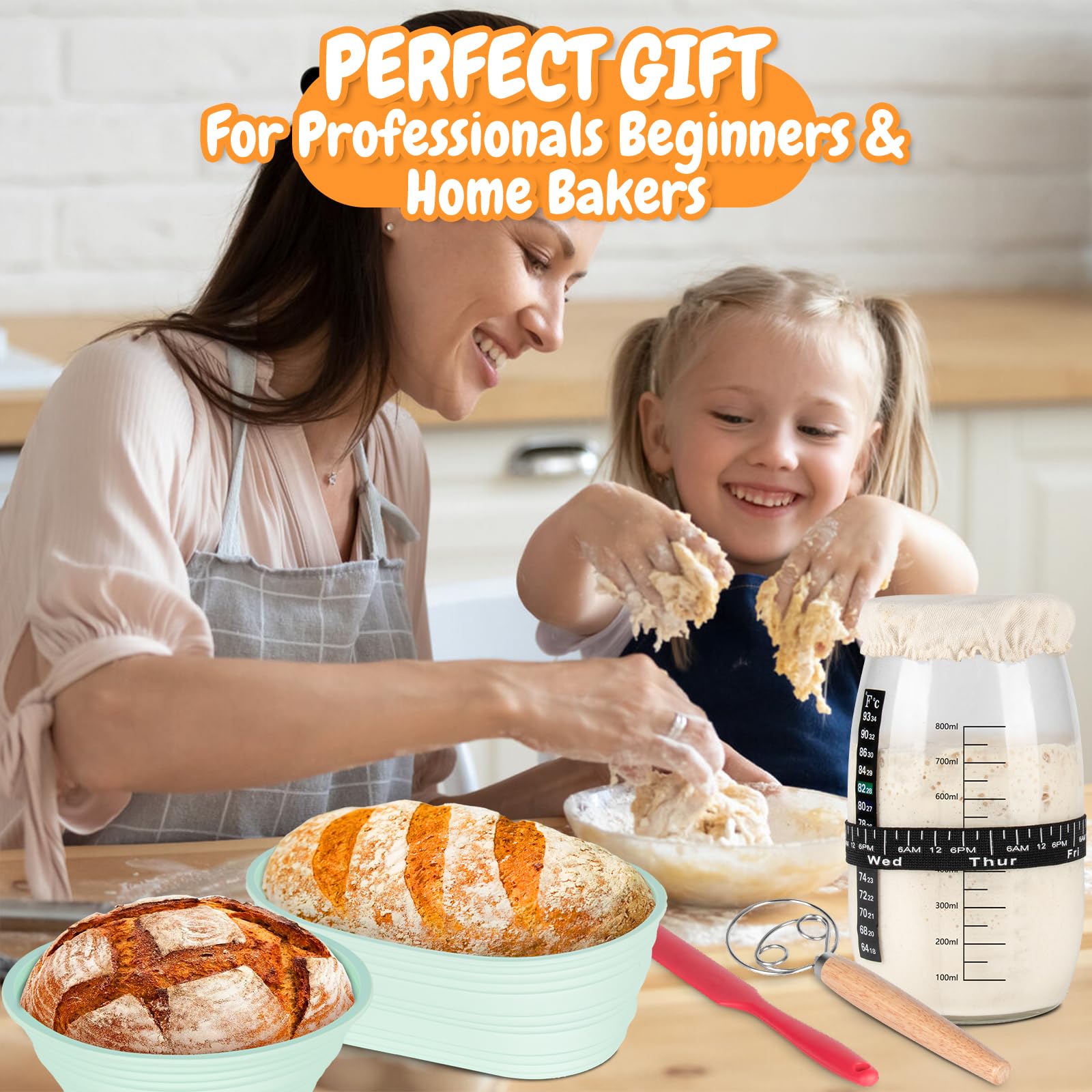 Complete Sourdough Bread Starter Kit with 35OZ Jar, All-in-One Sourdough Starter Kit, 2 Silicone Proofing Baskets, Non-Stick Baking Mat & 15-Piece Baking Tools Set - Includes Dough Scraper, Lid & More