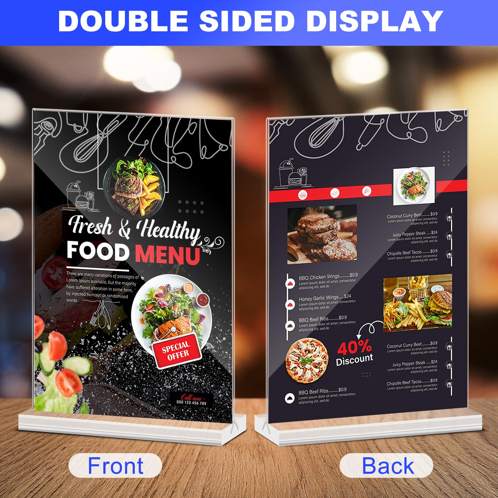 Acrylic Sign Holder 5x7 Inches 6 Packs, Double Sided Display Stand, Table Top Paper Holder, Vertical Menu Flyer Stand, Plastic Frame for Stores, Restaurants, Hotels, Office - Clear