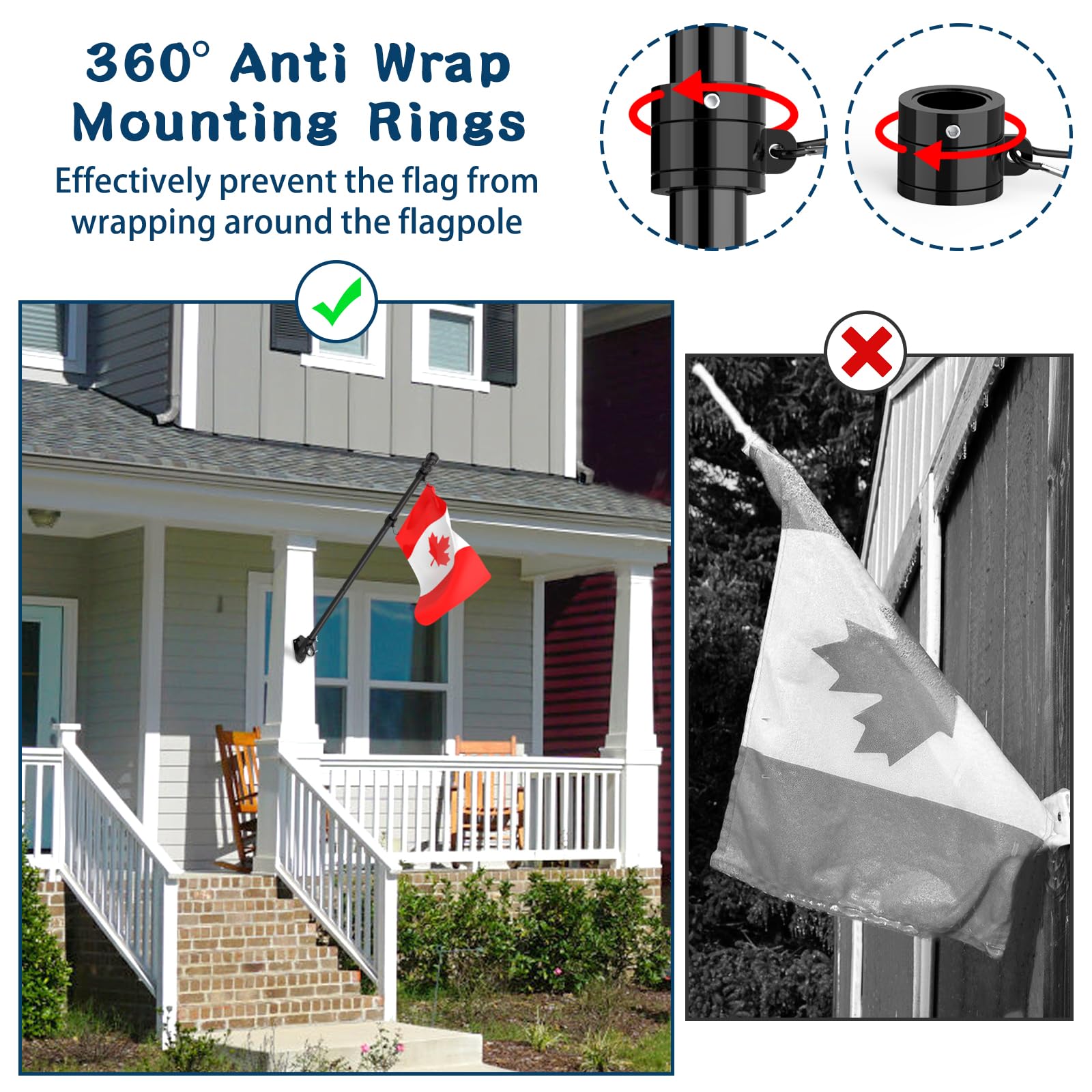Hanotic Flag Pole Kit, 6FT Flag Poles Outdoor with Upgraded Bracket, Adjustable Length, 360° Tangle Stainless Steel, Residential or Commercial, for Garden, Yard, Patio (Without Flag, Black)