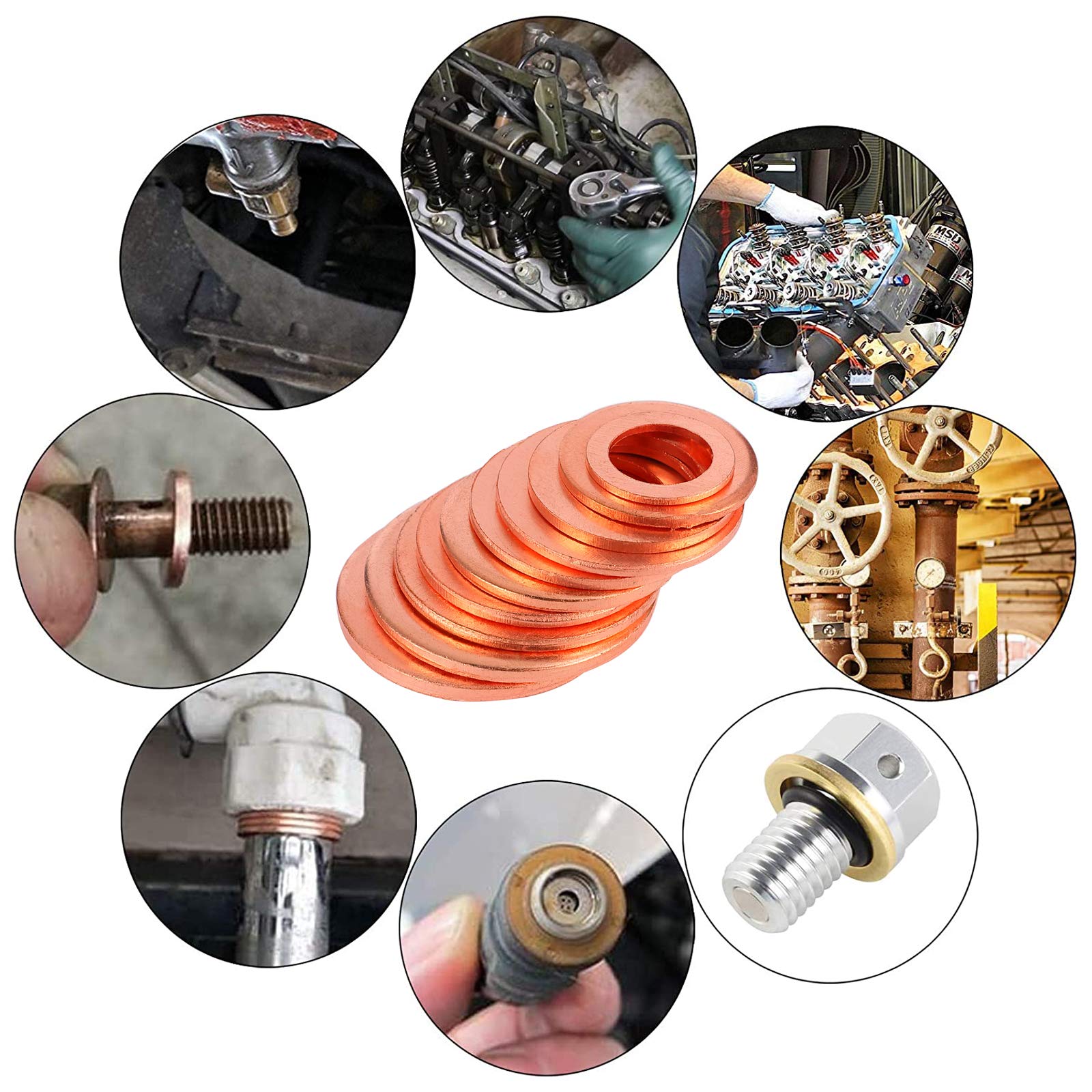 Toolwiz 150PCS 15 Sizes Copper Washers Metric Sealing Assortment Set Flat Ring Sump Plug Crush Washer Oil Drain Plug Gasket Seal Assortment Set M5/6/7/8/10/10.5/11/12/12.5/14/15/16/16.5/17.5