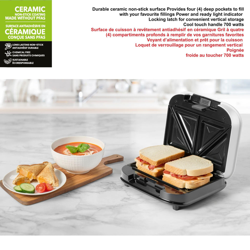 Starfrit Electric Sandwich Maker - Chemical Free Ceramic Non-Stick Surface – 2 Slice & 4 Deep Pockets To Fill – Indicator Light -Cool Touch Handle - 700W – White