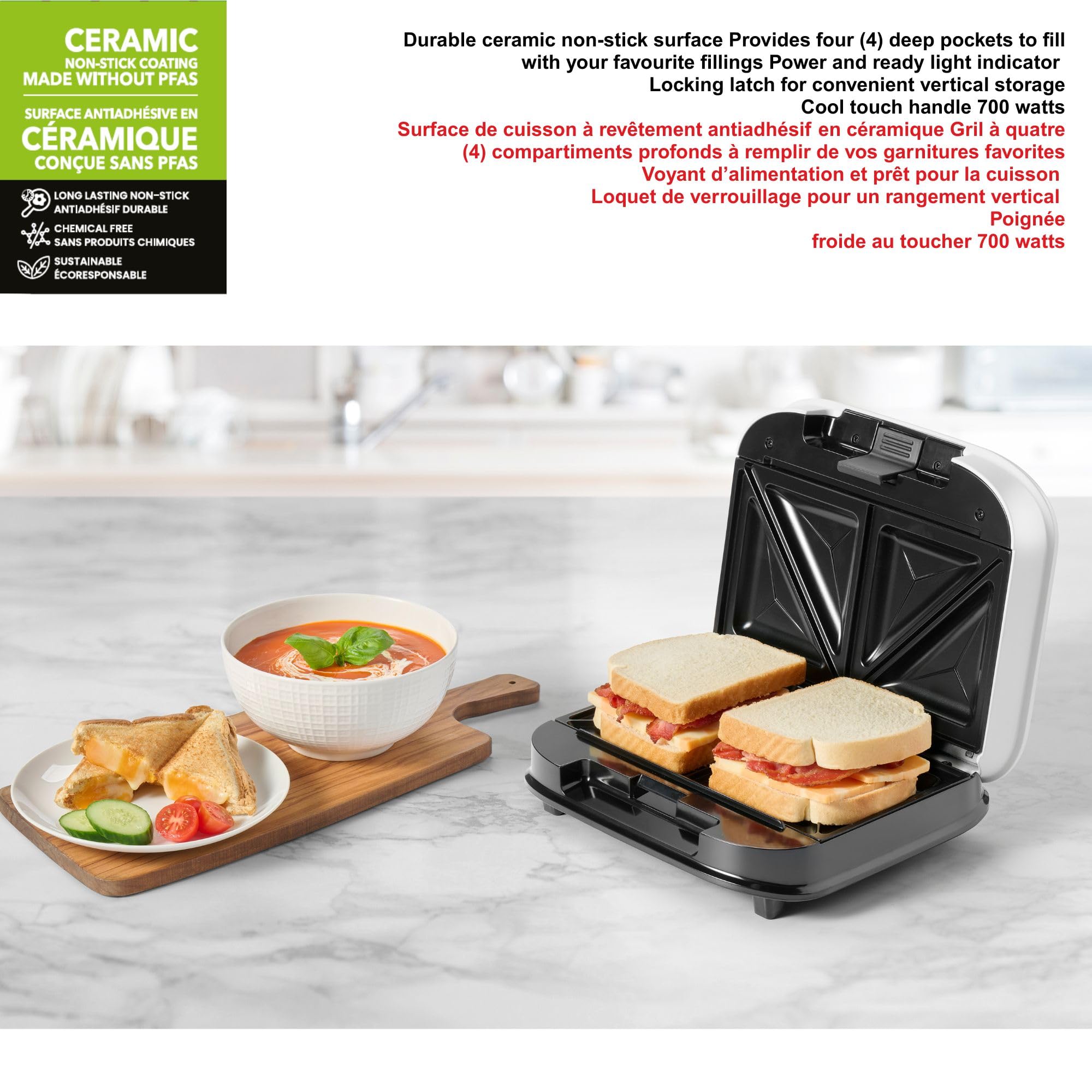 Starfrit Electric Sandwich Maker - Chemical Free Ceramic Non-Stick Surface – 2 Slice & 4 Deep Pockets To Fill – Indicator Light -Cool Touch Handle - 700W – White