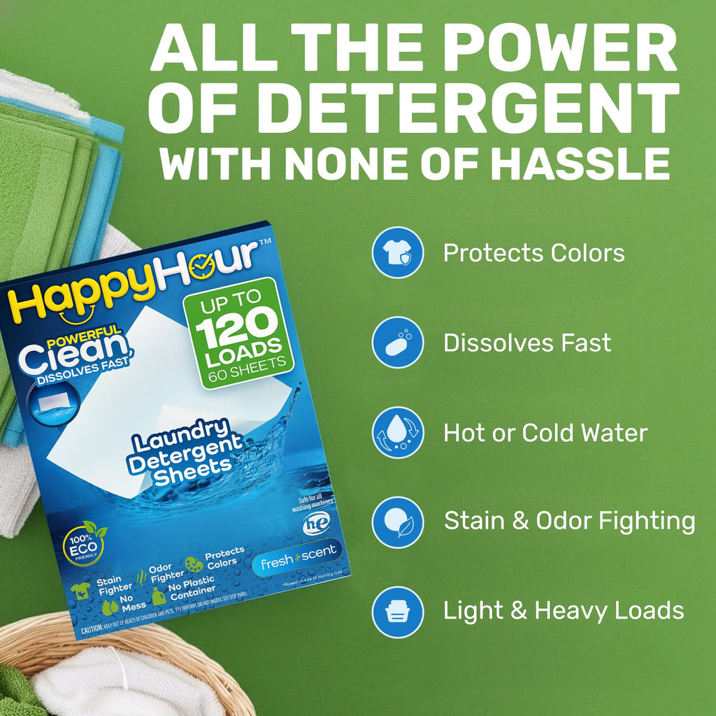 HAPPY HOUR Laundry Detergent Sheets Value Pack with up to 120 Loads, Non Toxic Laundry Sheets Detergent Soap for Sensitive Skin, Recyclable Eco Friendly, Perfect for Travel - Fresh Scent