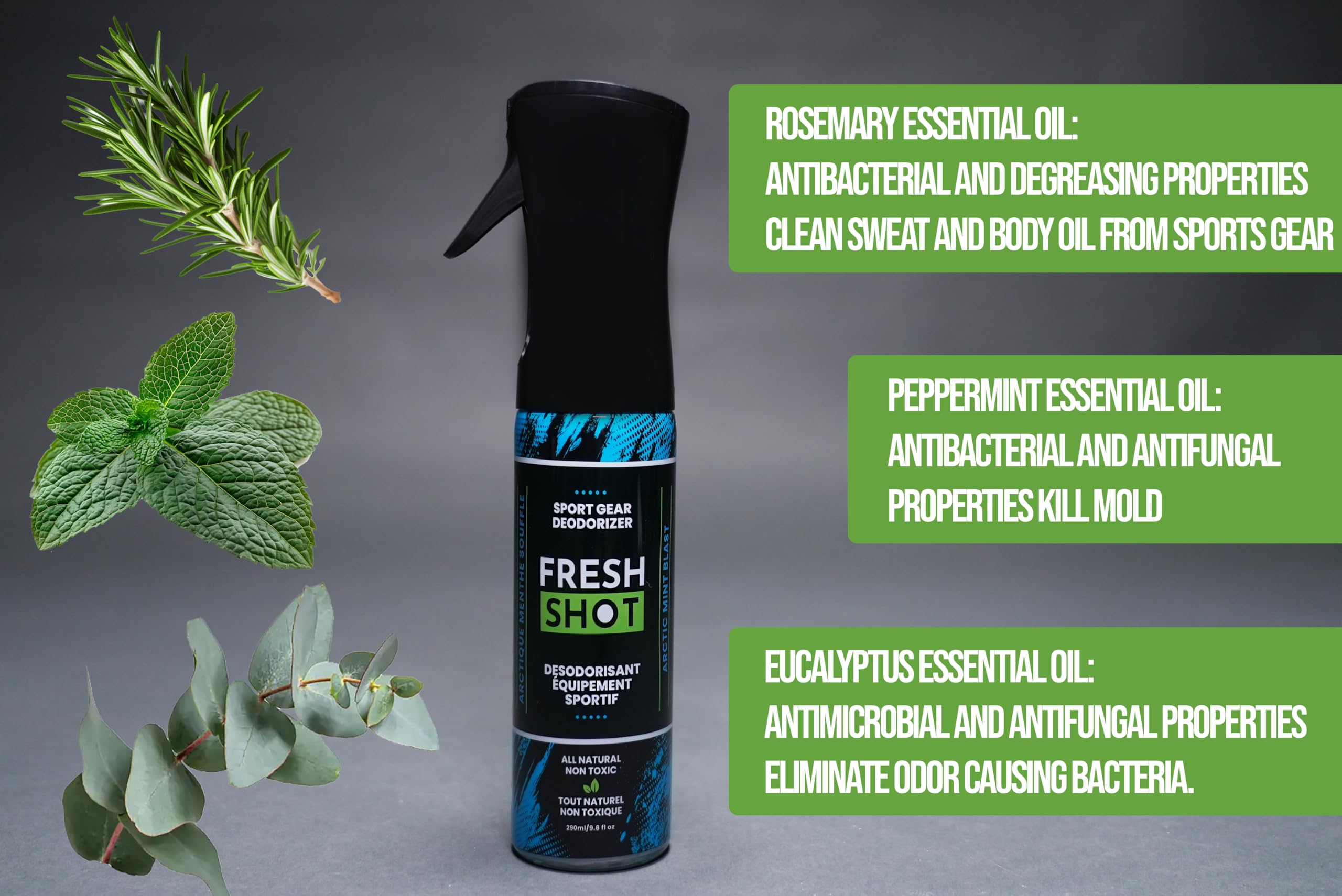 Fresh Shot – Sport Gear Deodorizer Eliminate odors in smelly sports equipment and footwear.