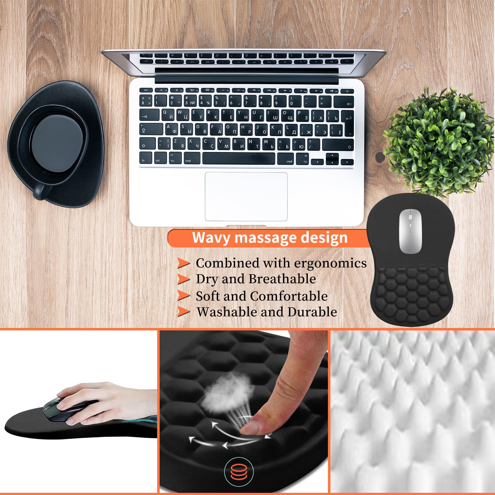 Ergonomic Mouse Pad Wrist Support with Massage Design - Wrist Rest Pain Relief Mousepad with Memory Foam&Non-Slip Base, Mouse Pads for Wireless Mouse&Desk, Comfortable Durable Gaming Mouse Mat, Black